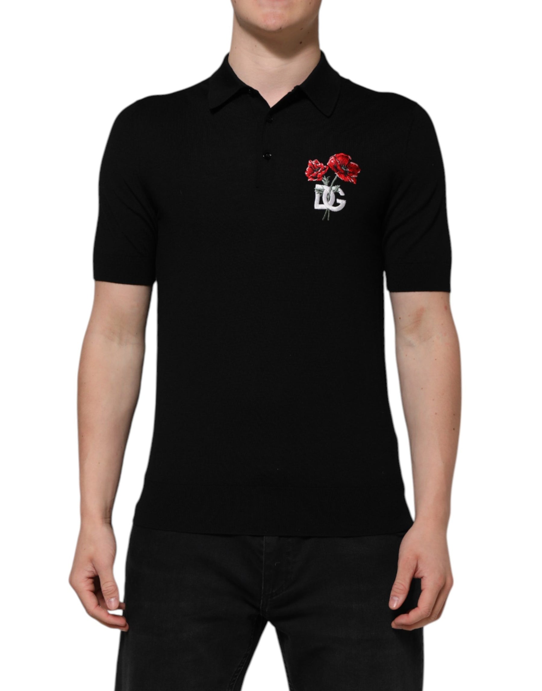 Dolce & Gabbana Black Wool Logo Floral Short Sleeve T-shirt | Regal Royce