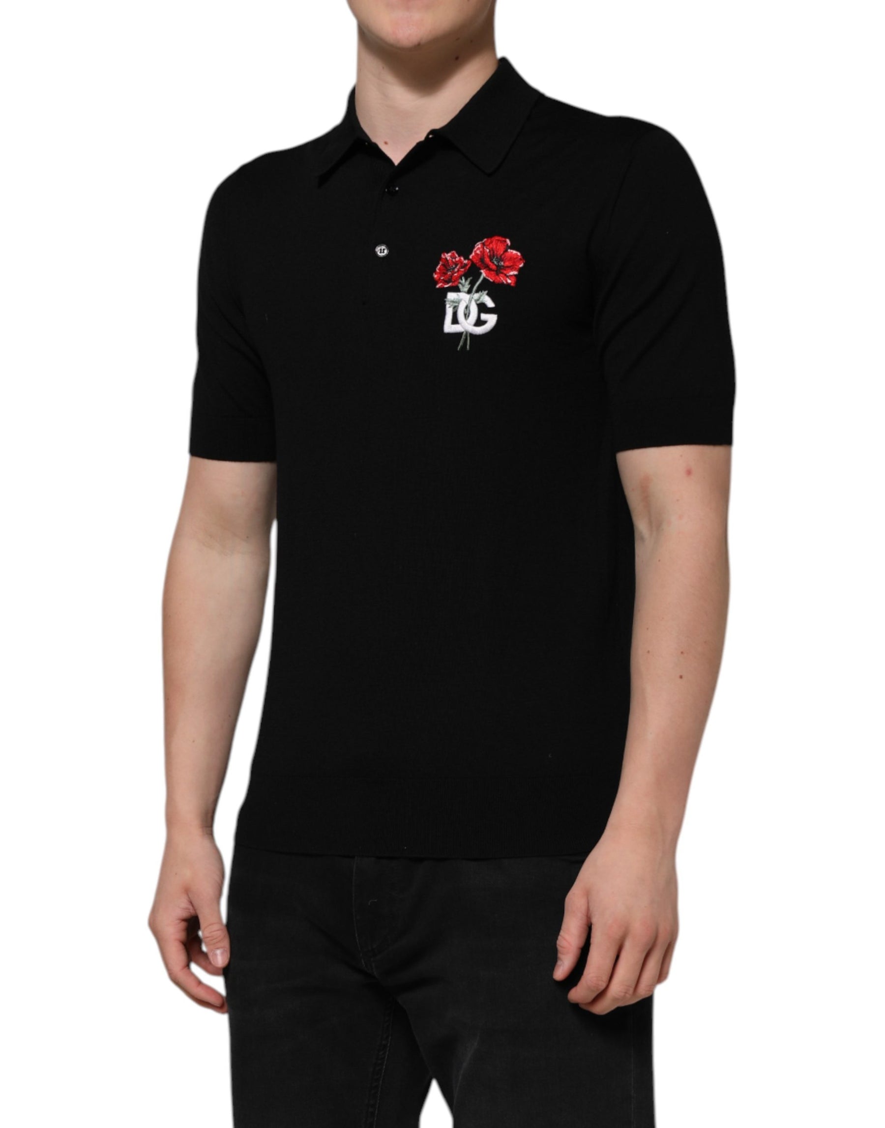 Dolce & Gabbana Black Wool Logo Floral Short Sleeve T-shirt | Regal Royce