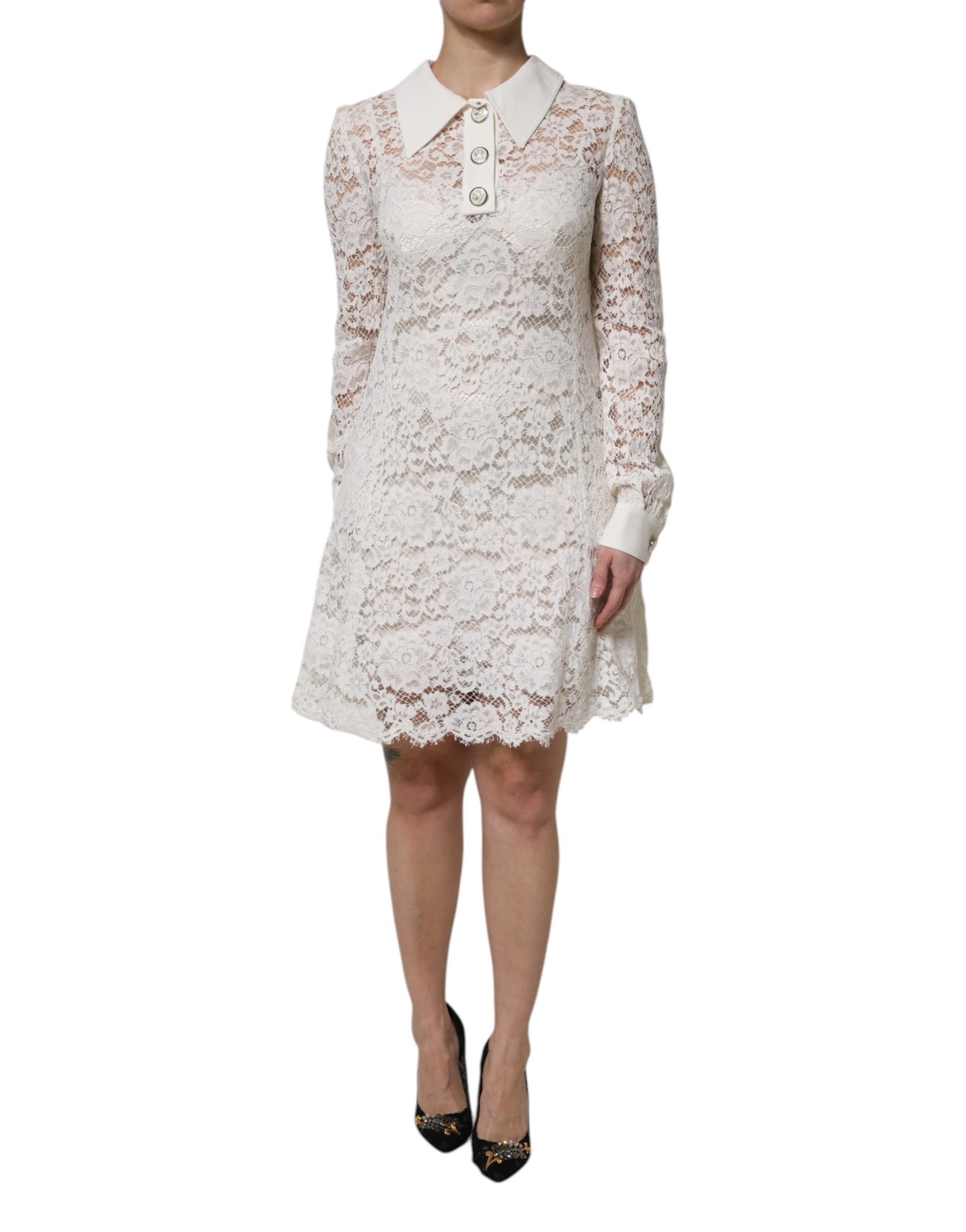 Dolce & Gabbana White Floral Lace Viscose Collared Mini Dress | Regal Royce