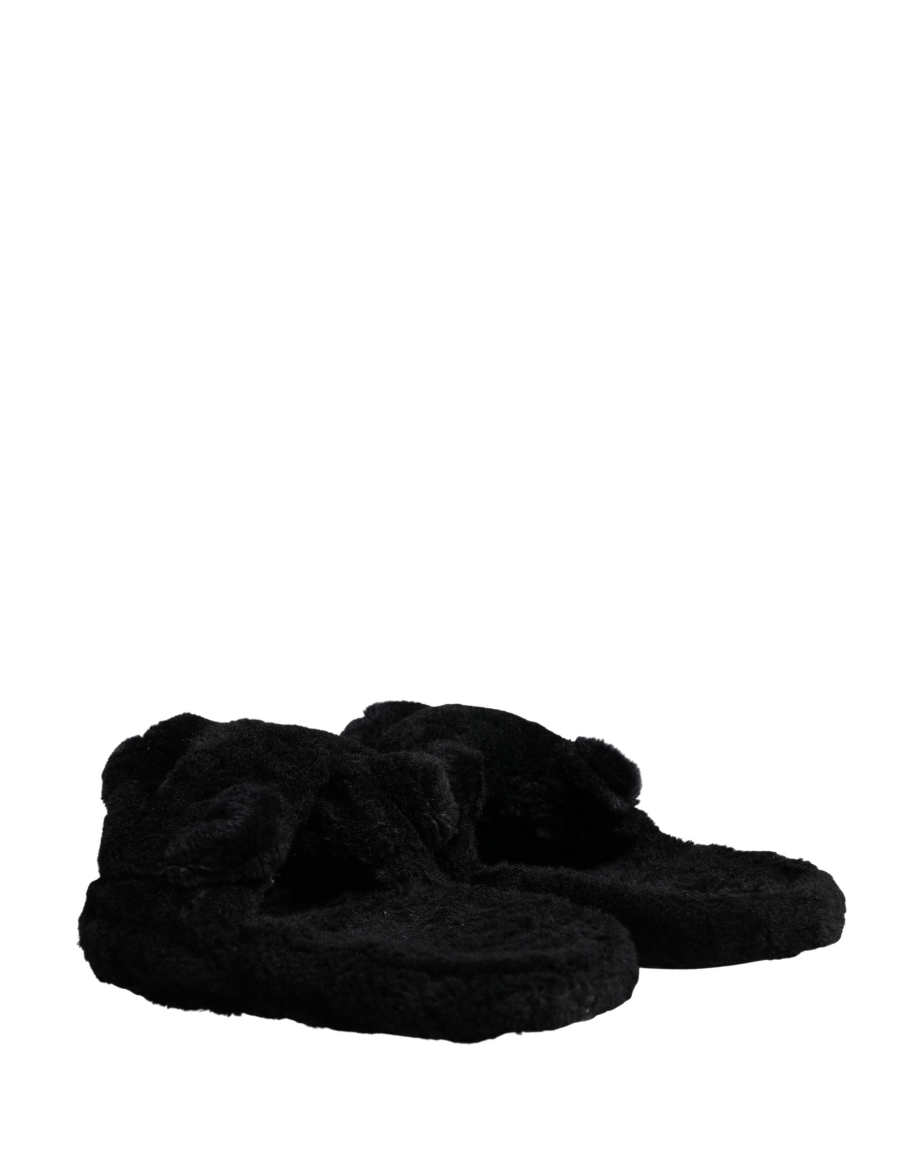 Dolce & Gabbana Black Faux Fur Panther Plush Flat Slides Shoes | Regal Royce