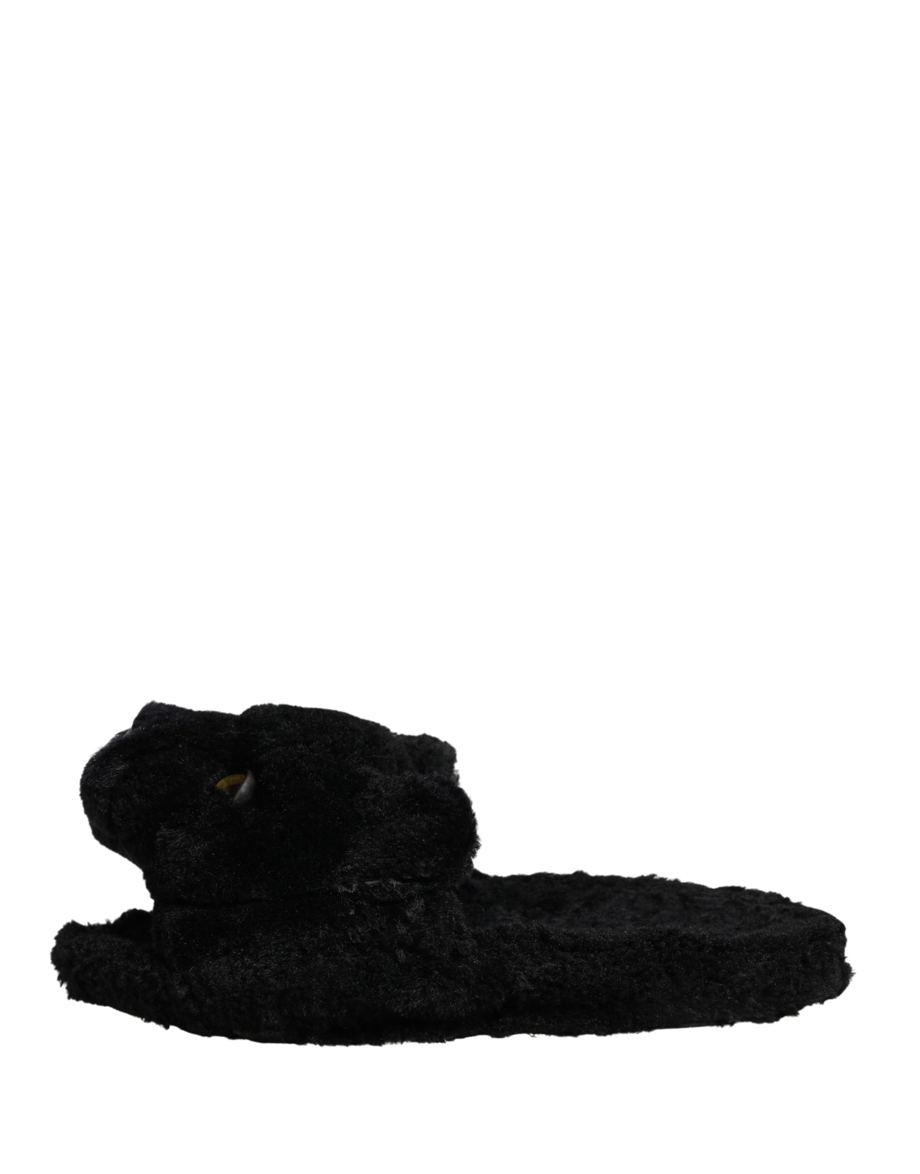 Dolce & Gabbana Black Faux Fur Panther Plush Flat Slides Shoes | Regal Royce