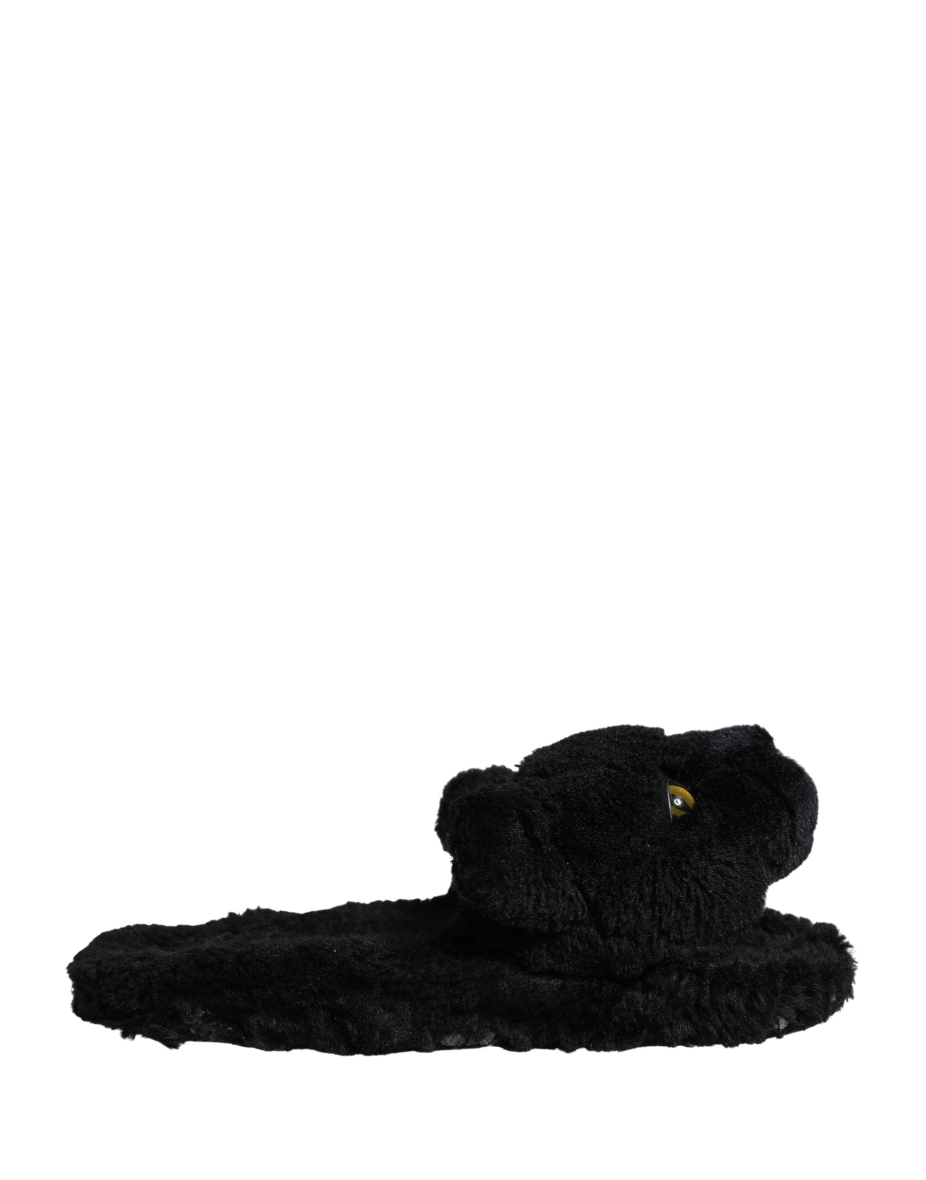Dolce & Gabbana Black Faux Fur Panther Plush Flat Slides Shoes | Regal Royce