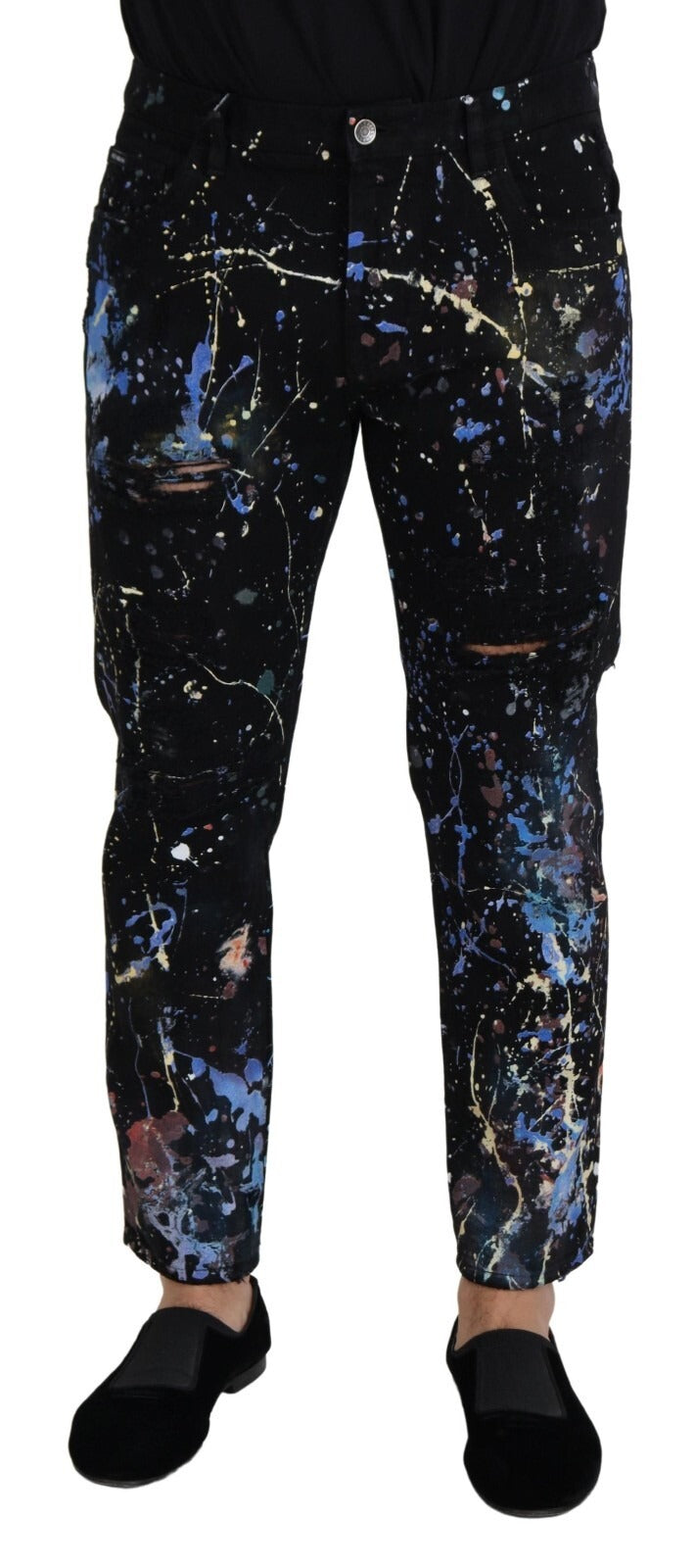 Dolce & Gabbana Black Cotton Color Splash Print Denim Jeans | Regal Royce