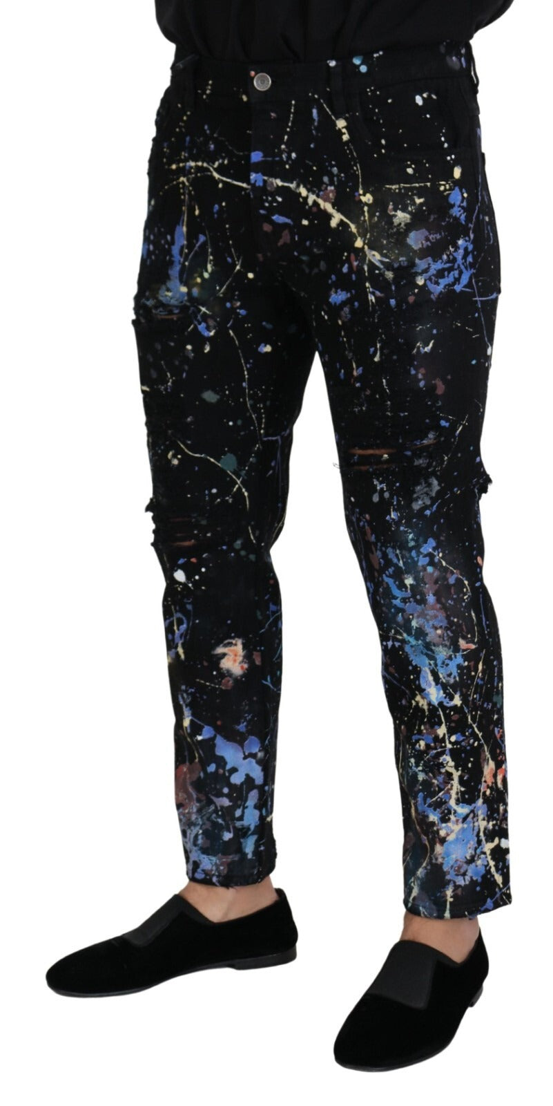 Dolce & Gabbana Black Cotton Color Splash Print Denim Jeans | Regal Royce