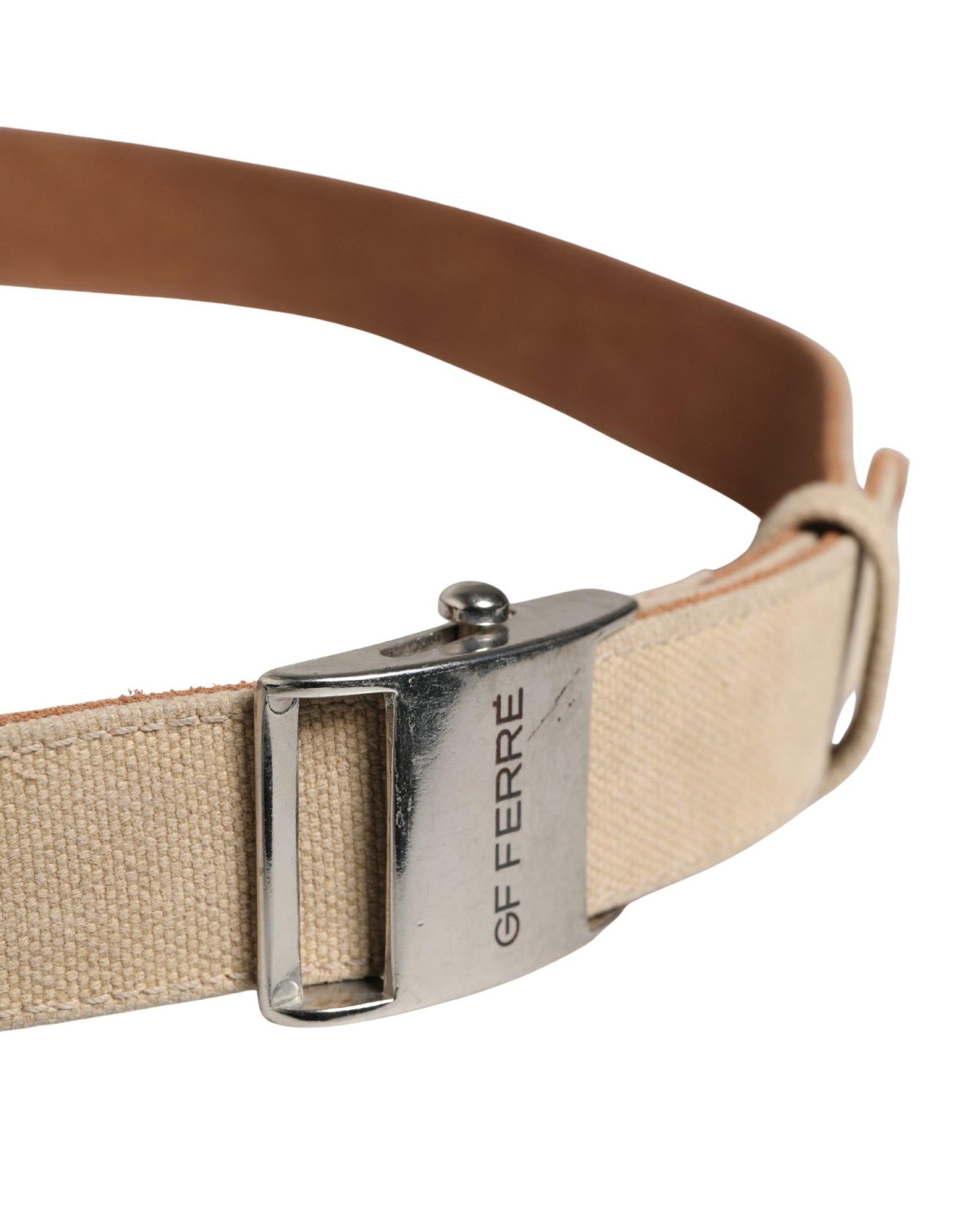 GF Ferre Men Beige Canvas Silver Metal Buckle Cintura Belt | Regal Royce