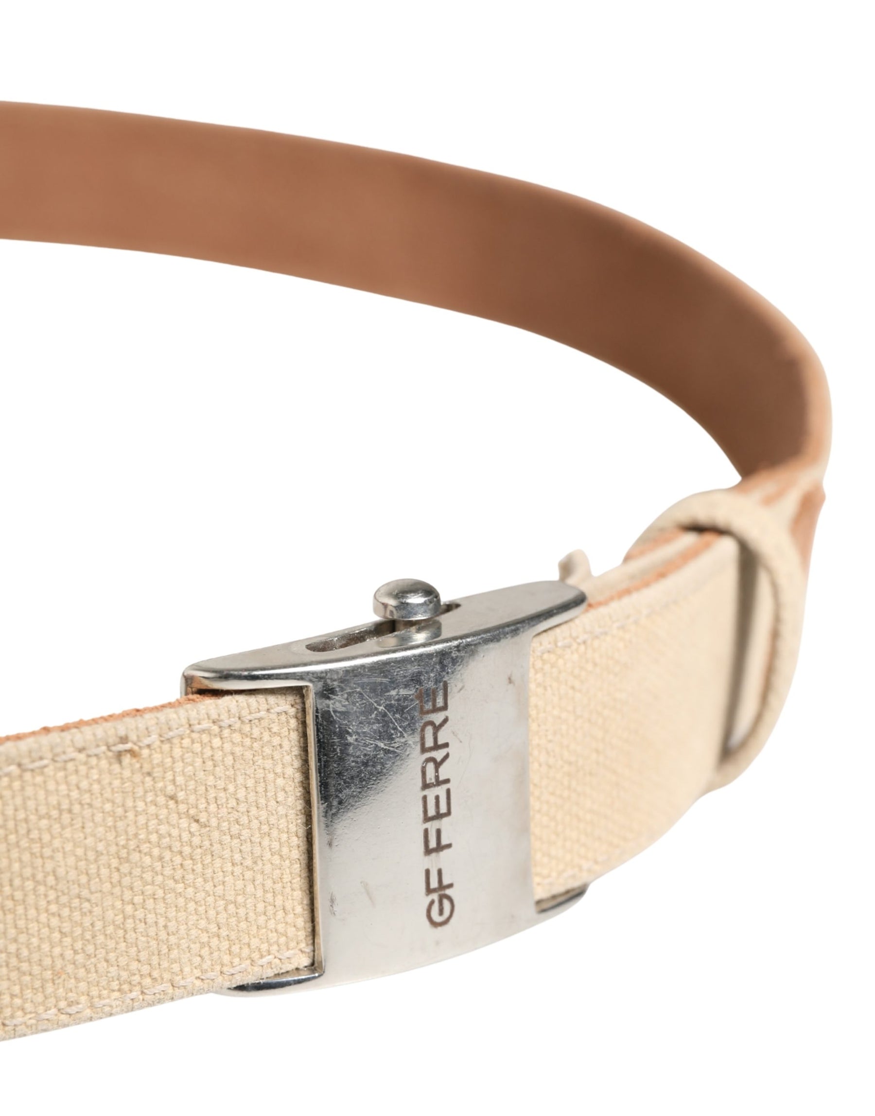 GF Ferre Men Beige Canvas Silver Metal Buckle Cintura Belt | Regal Royce