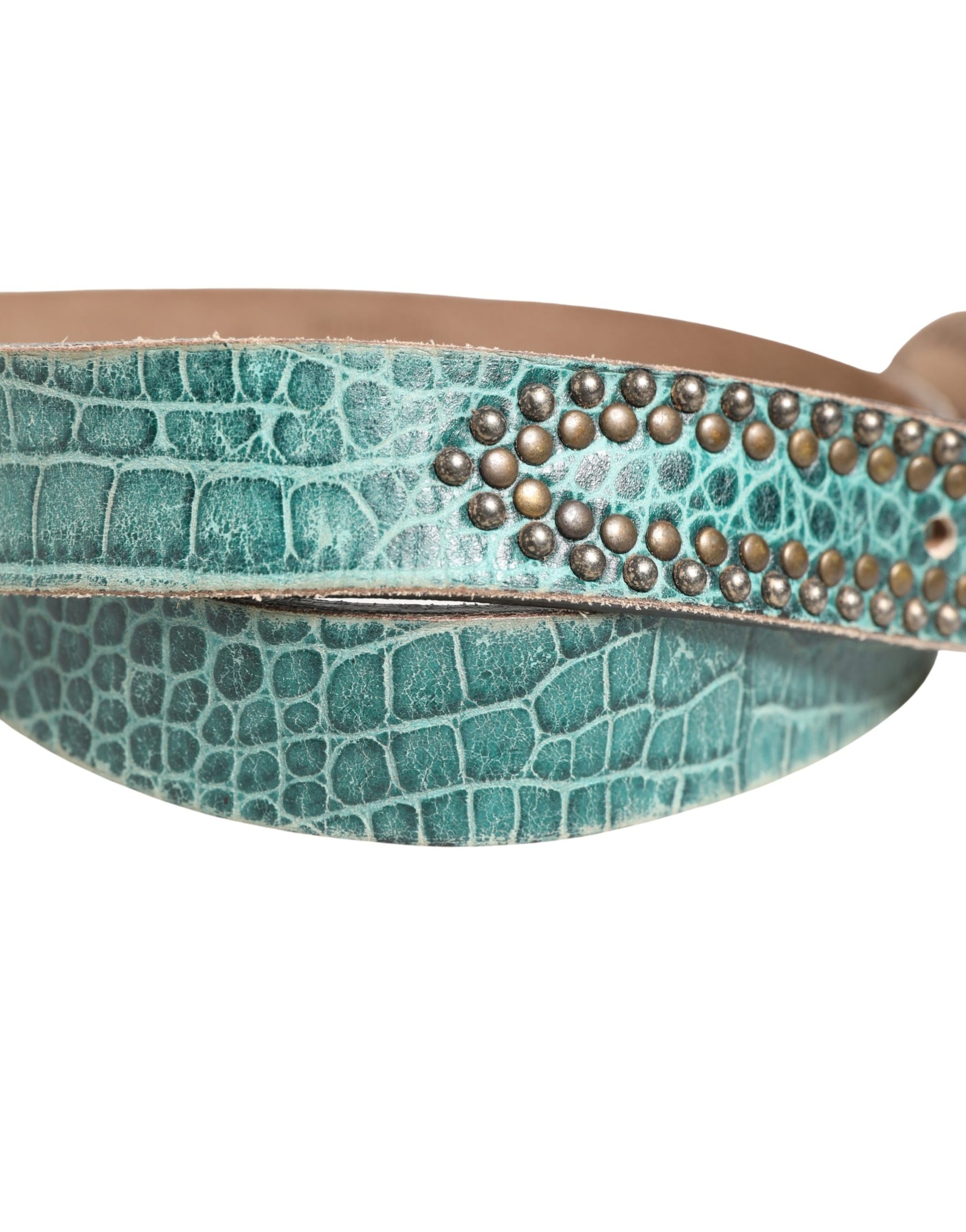 Scervino Street Women Green Leather Croco Print Studded Belt | Regal Royce