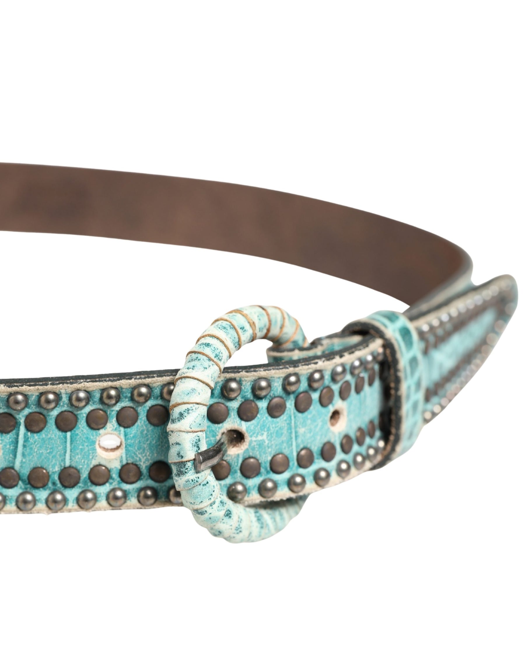 Scervino Street Women Green Leather Croco Print Studded Belt | Regal Royce