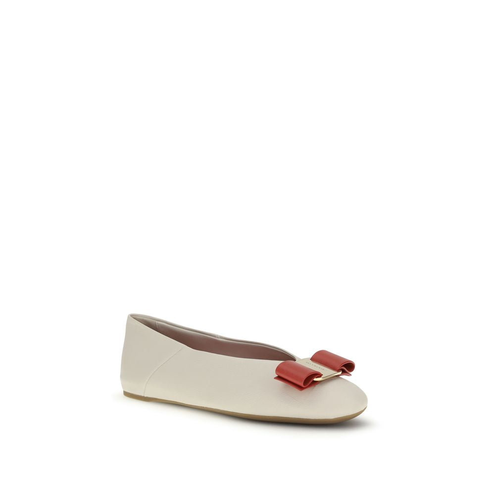 Ferragamo White Calf Leather Bos Taurus Ballet Flats | Regal Royce