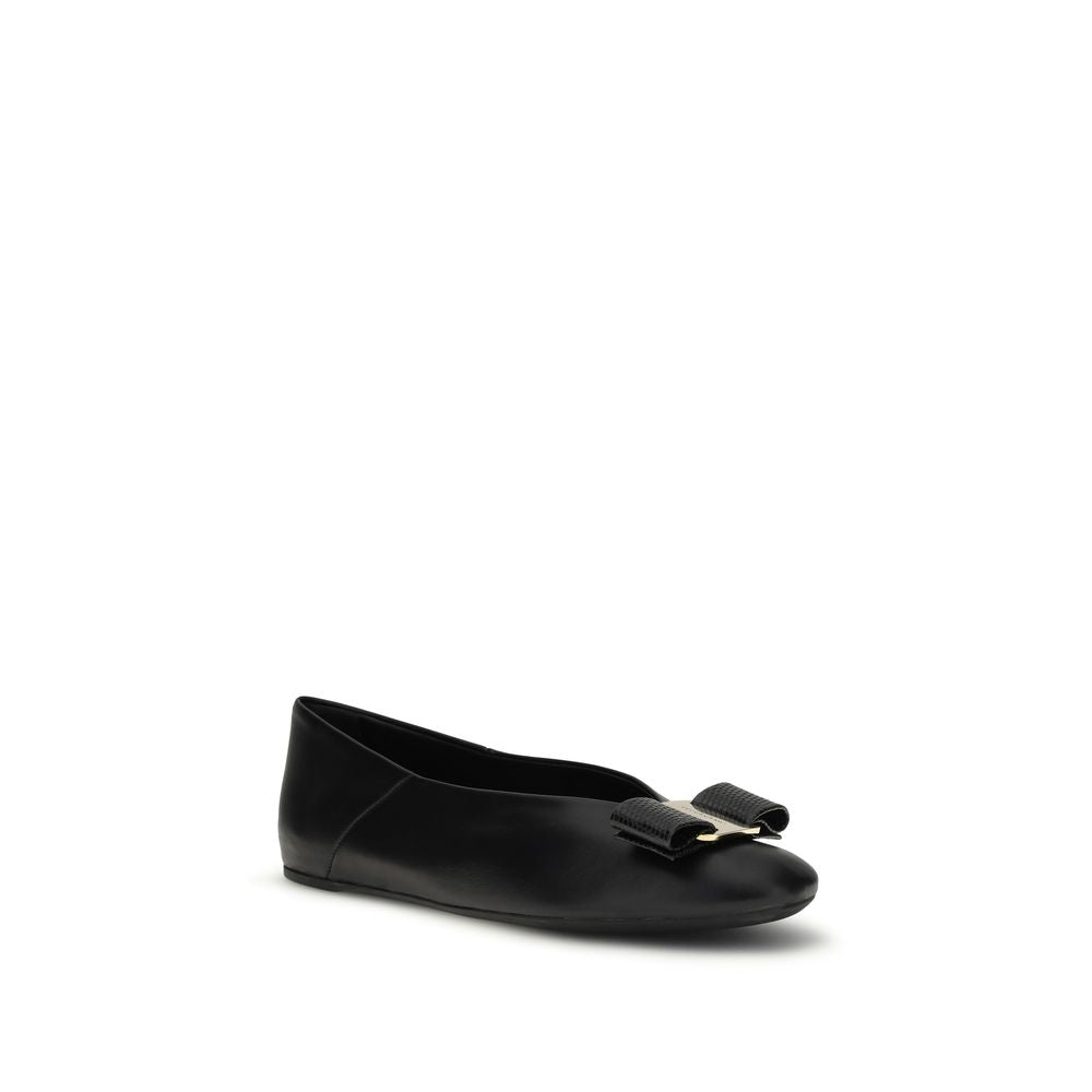 Ferragamo Black Calf Leather Bos Taurus Ballet Flats | Regal Royce