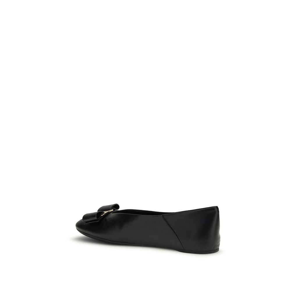 Ferragamo Black Calf Leather Bos Taurus Ballet Flats | Regal Royce