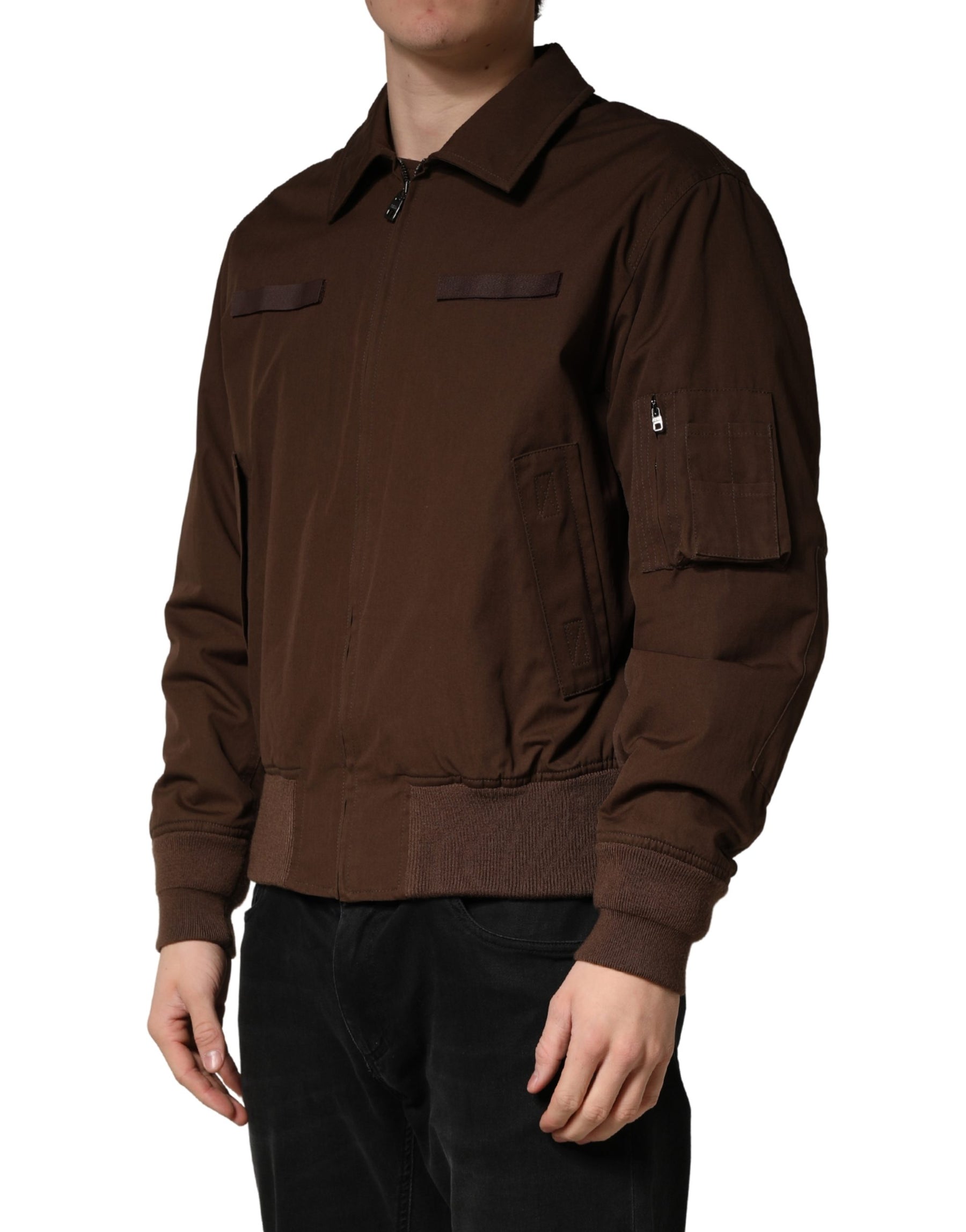 Dolce & Gabbana Brown Cotton Stretch Full Zip Bomber Jacket | Regal Royce