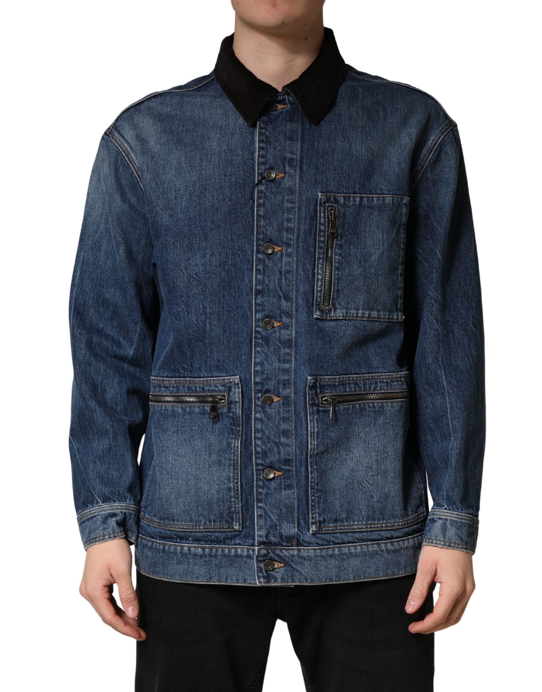 Dolce & Gabbana Black Blue Cotton Denim Blouson Men Jacket | Regal Royce
