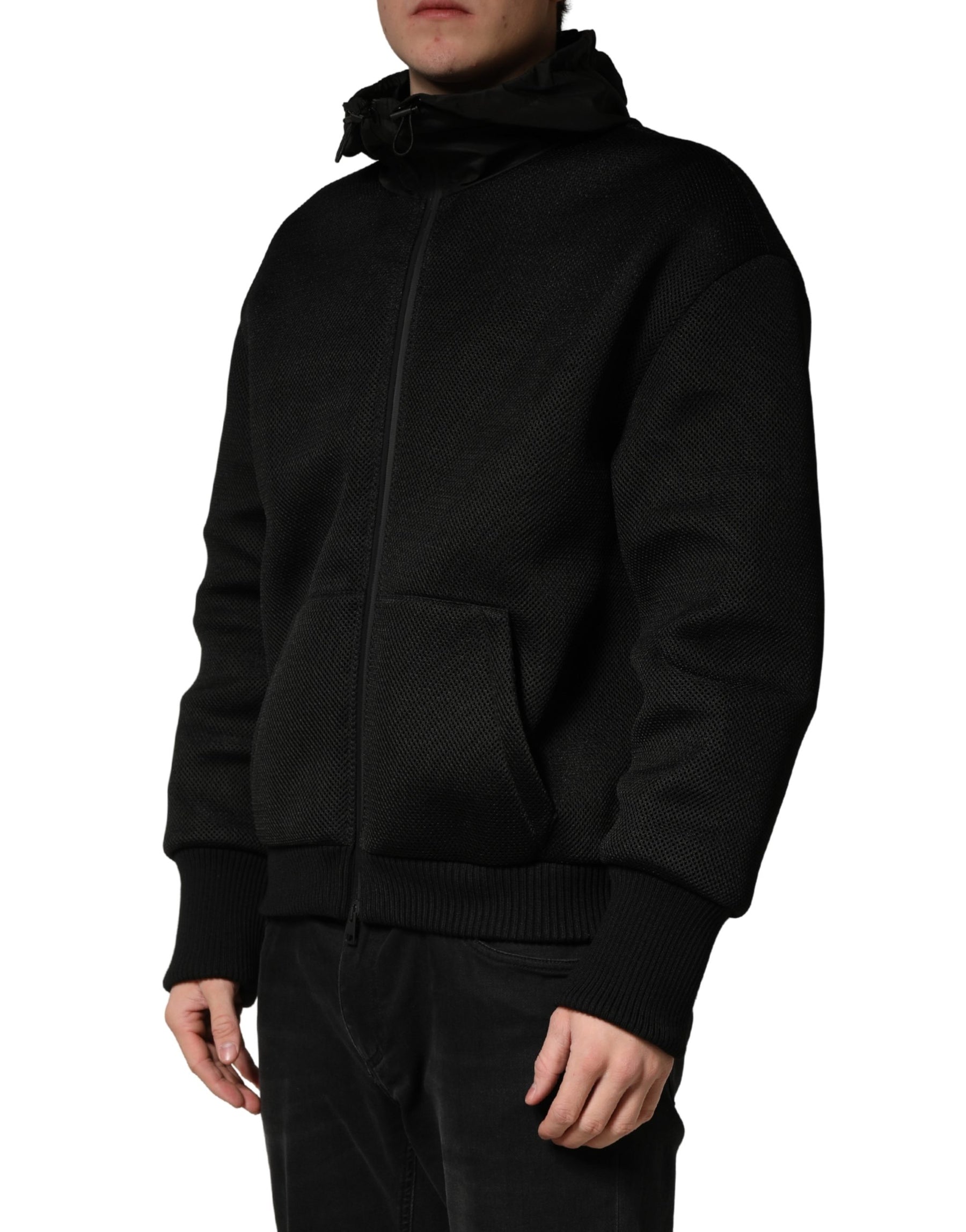 Dolce & Gabbana Men Black Hooded Full Zip Bomber Jacket | Regal Royce