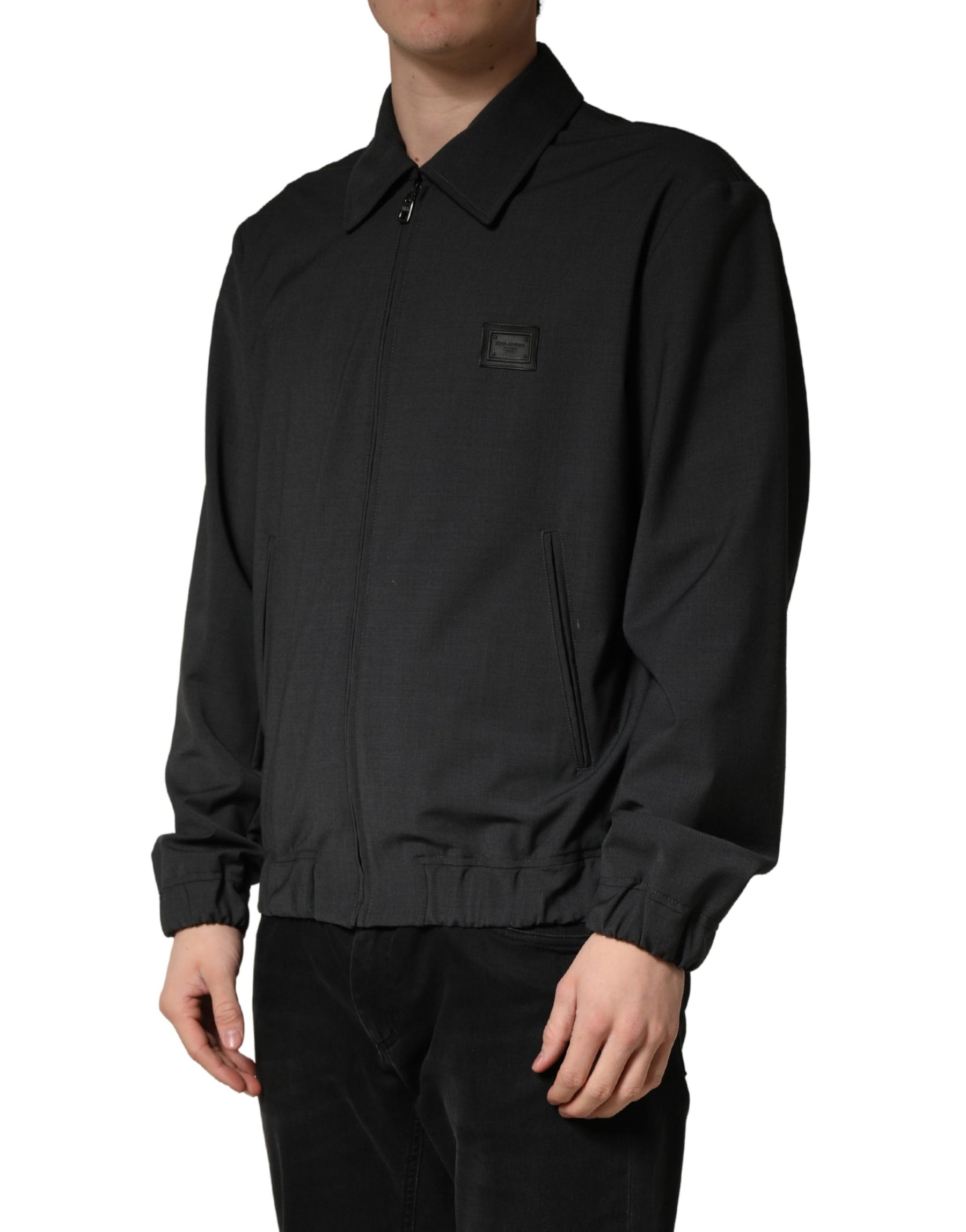 Dolce & Gabbana Black Wool Logo Full Zip Men Bomber Jacket | Regal Royce
