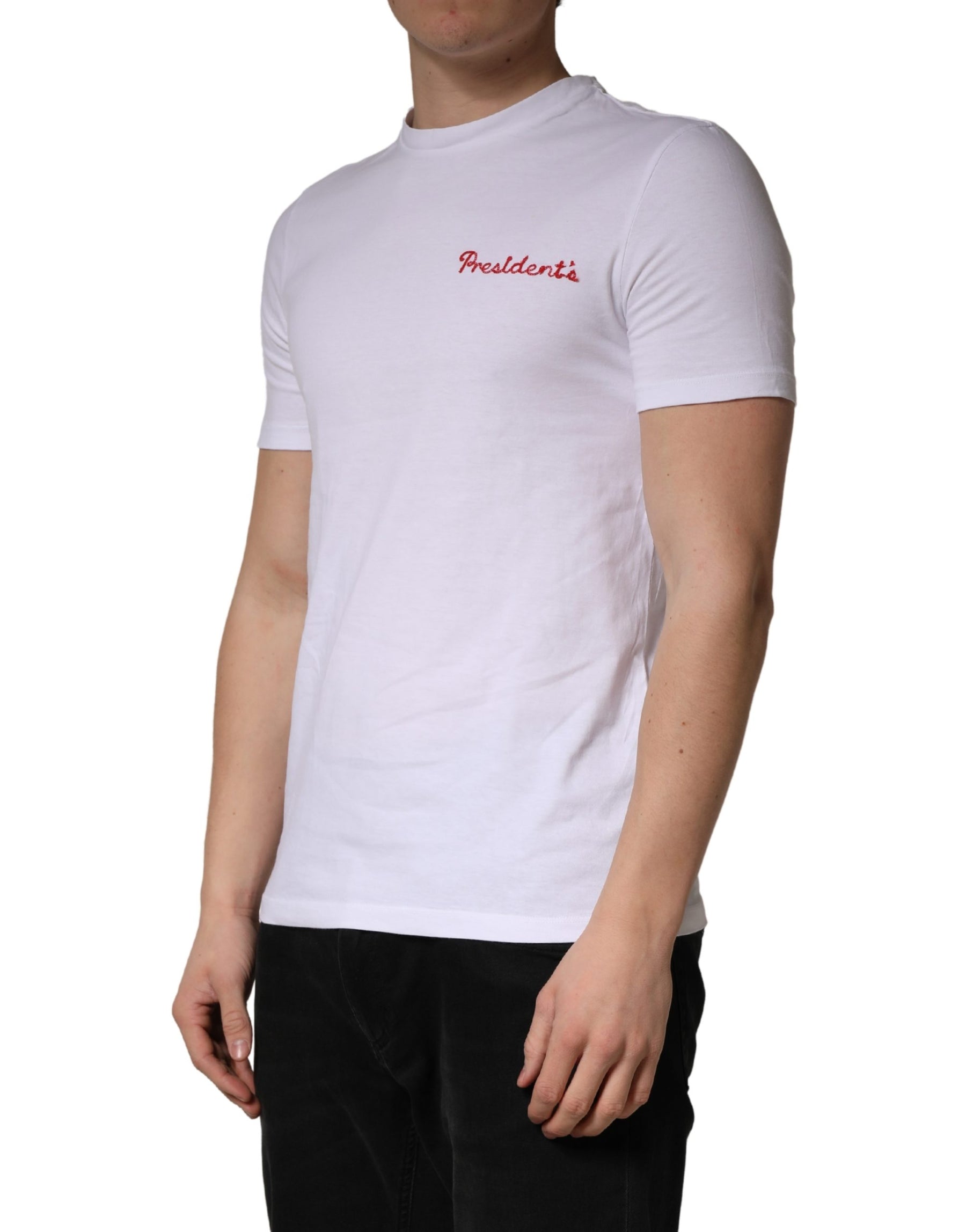 President's White Logo Embroidery Cotton Men Crew Neck T-shirt | Regal Royce
