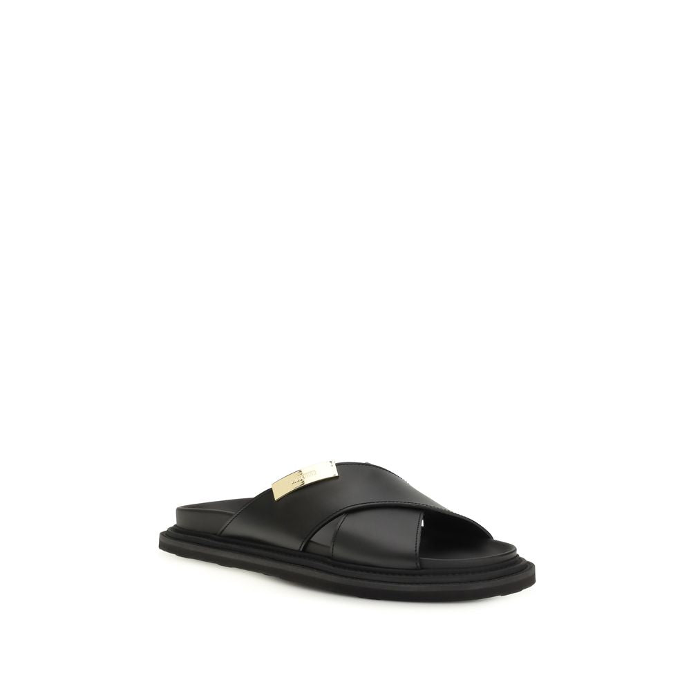 Moschino Black Calf Leather Bos Taurus Flat Sandals | Regal Royce