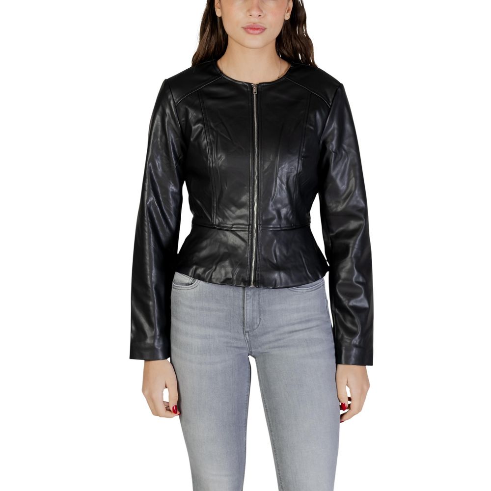 Jacqueline De Yong Black Polyester Leather Jacket | Regal Royce