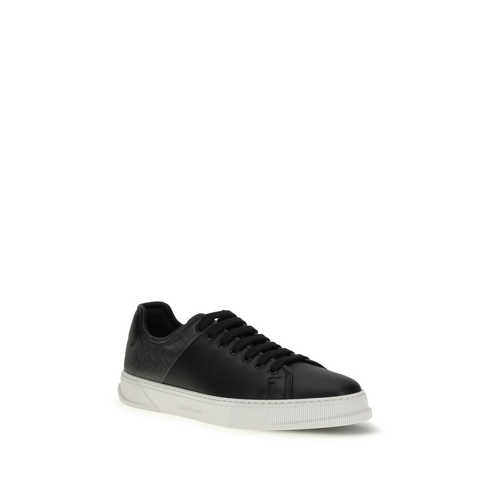 Ferragamo Black Calf Leather Bos Taurus Low Top Sneakers | Regal Royce