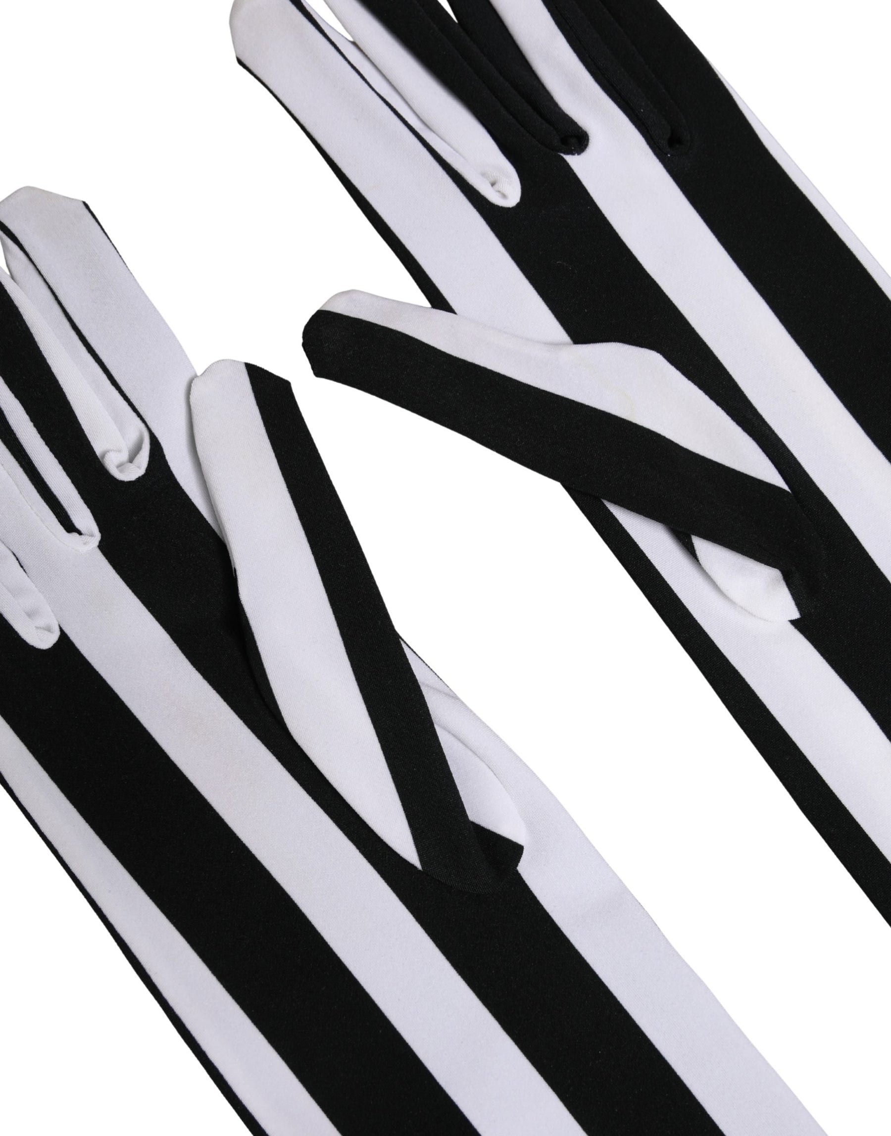 Dolce & Gabbana Black White Stripes Nylon Elbow Length Women Gloves | Regal Royce