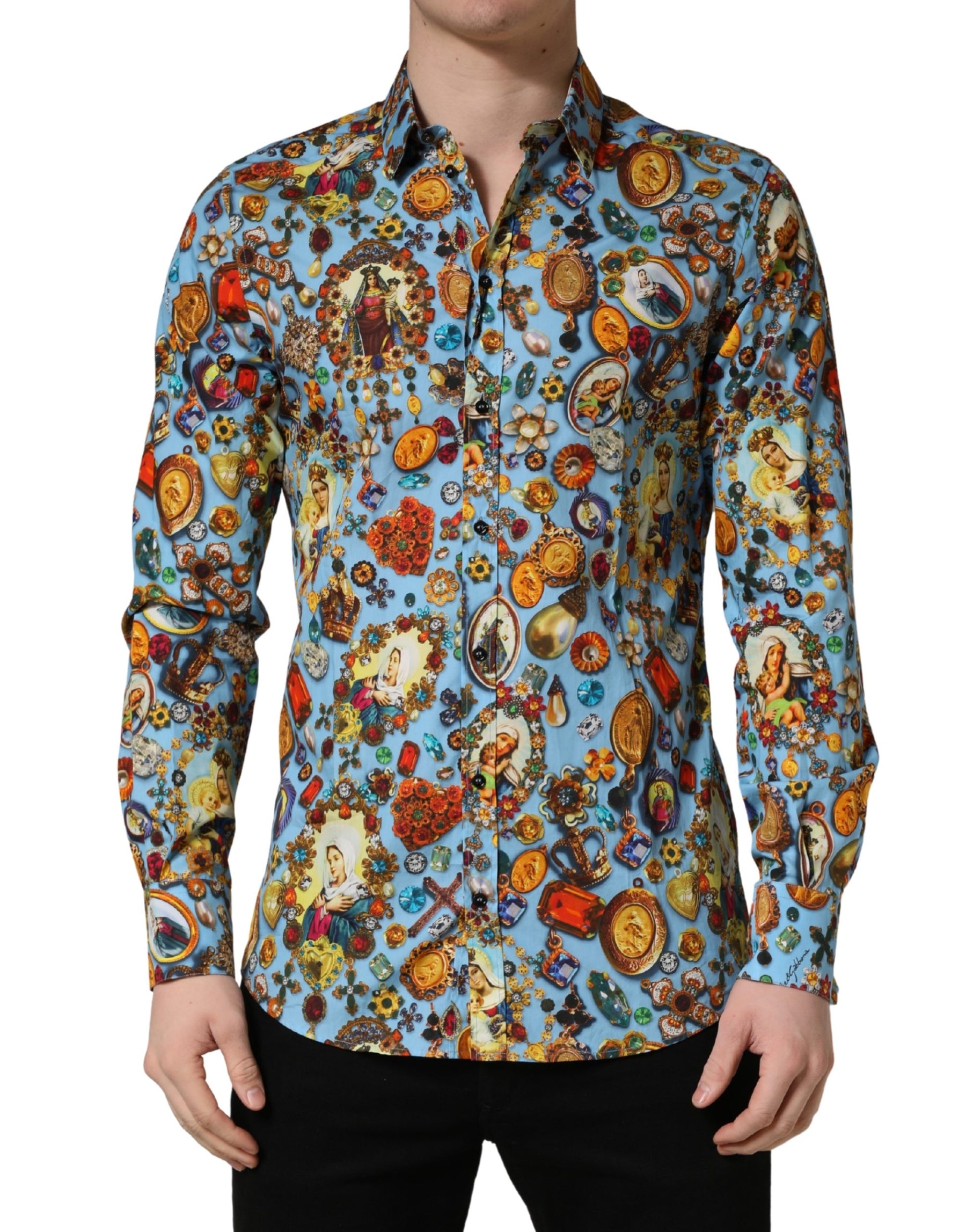 Dolce & Gabbana Blue Cotton Jewel Print Button Down GOLD Shirt | Regal Royce