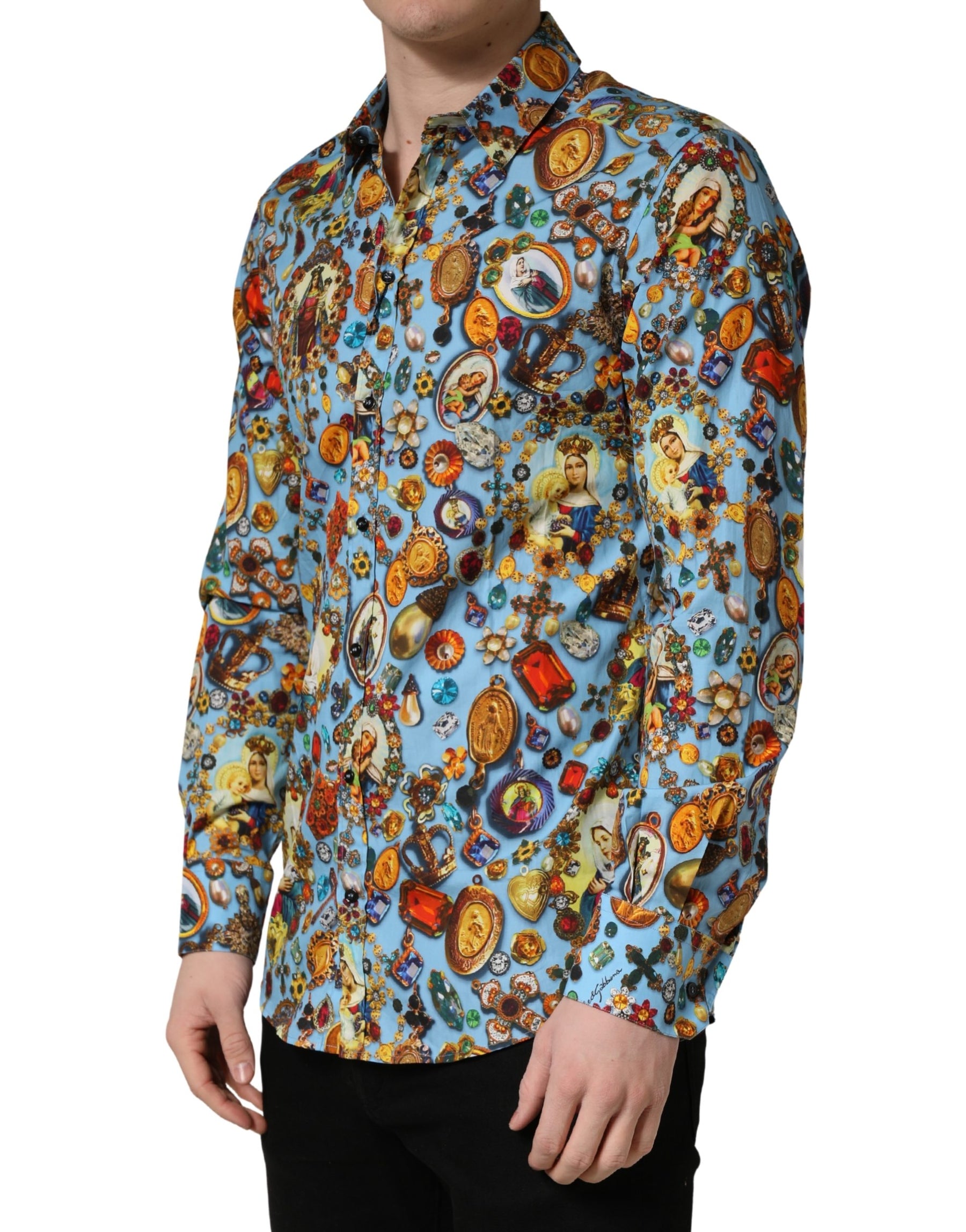 Dolce & Gabbana Blue Cotton Jewel Print Button Down GOLD Shirt | Regal Royce