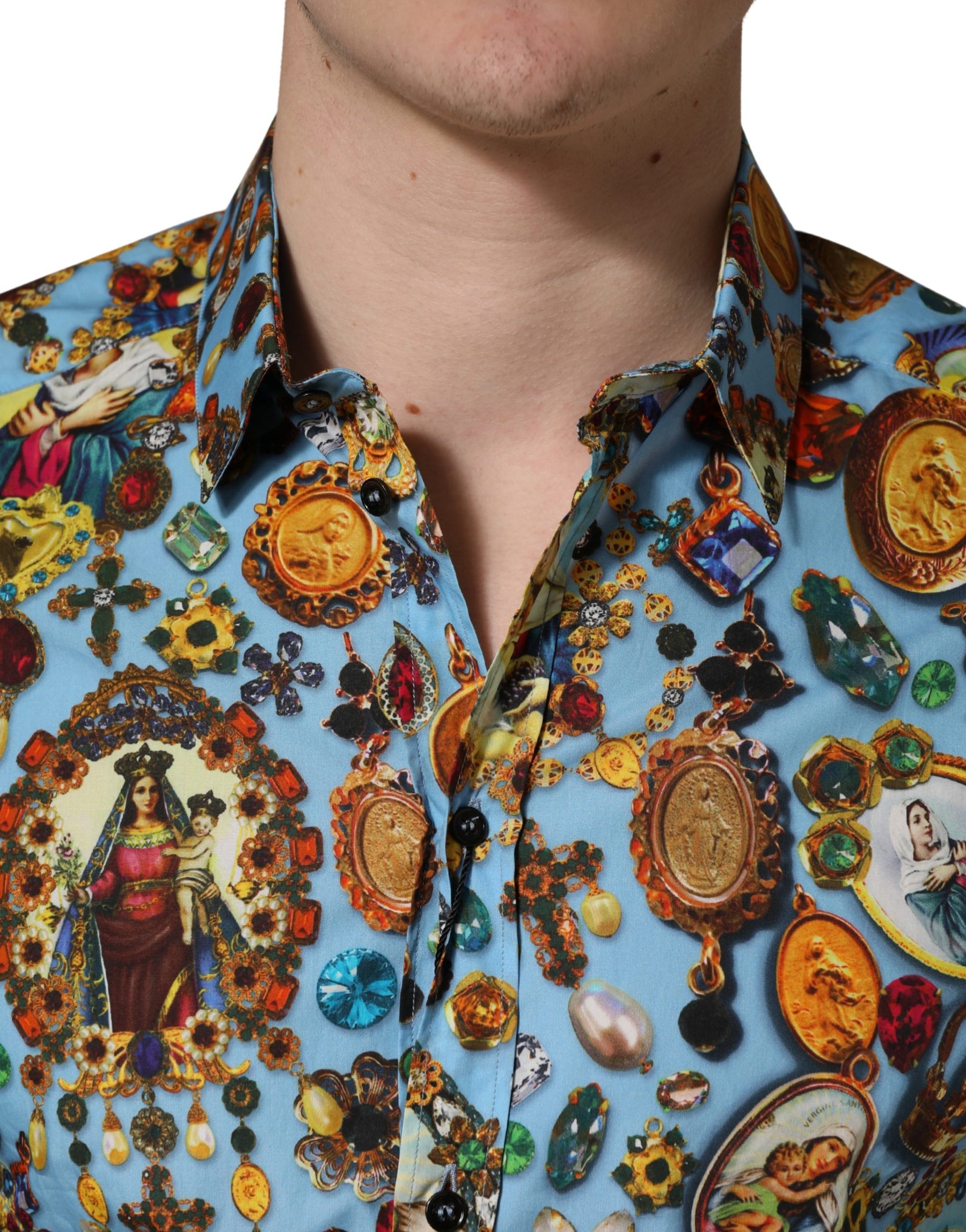 Dolce & Gabbana Blue Cotton Jewel Print Button Down GOLD Shirt | Regal Royce
