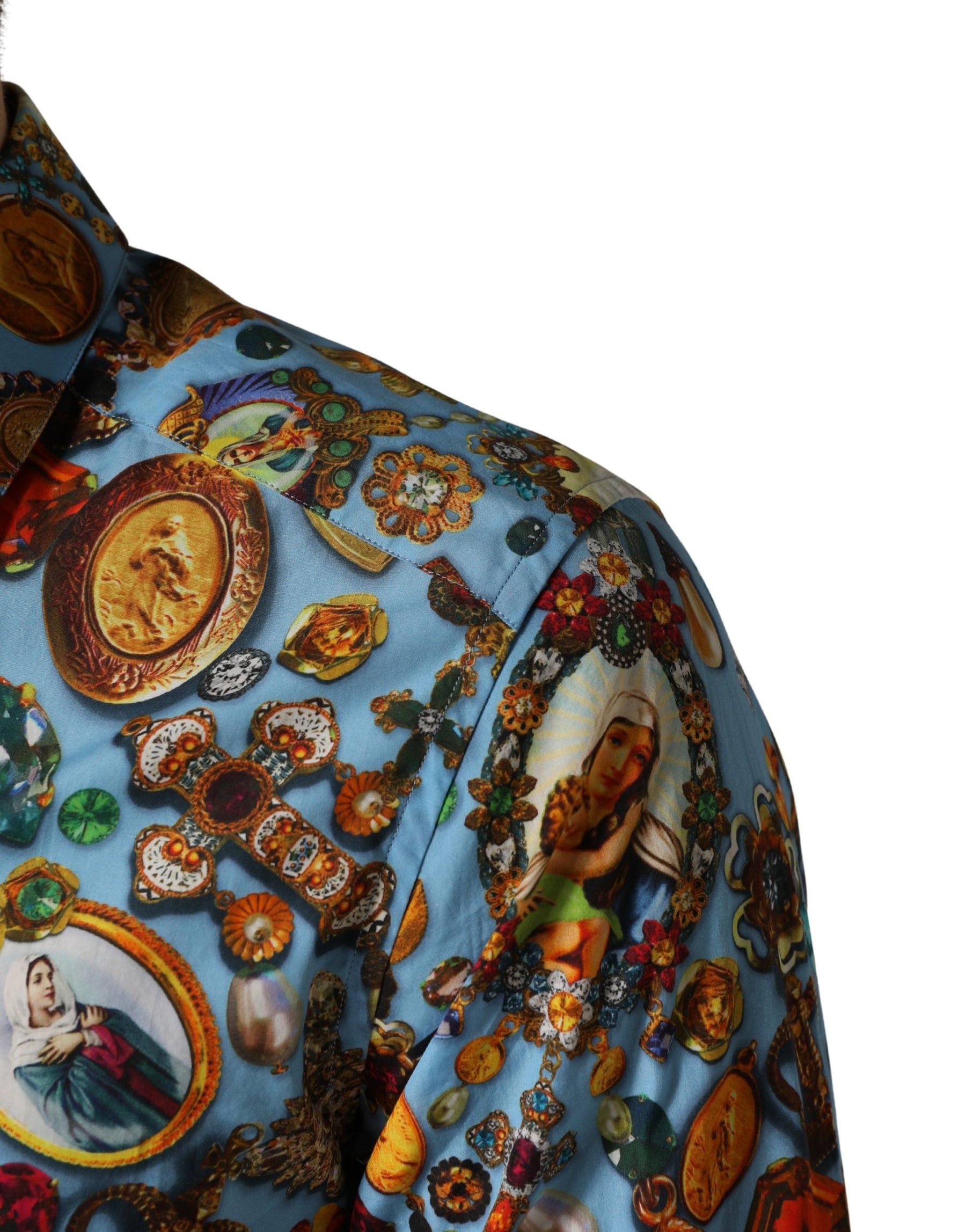 Dolce & Gabbana Blue Cotton Jewel Print Button Down GOLD Shirt | Regal Royce
