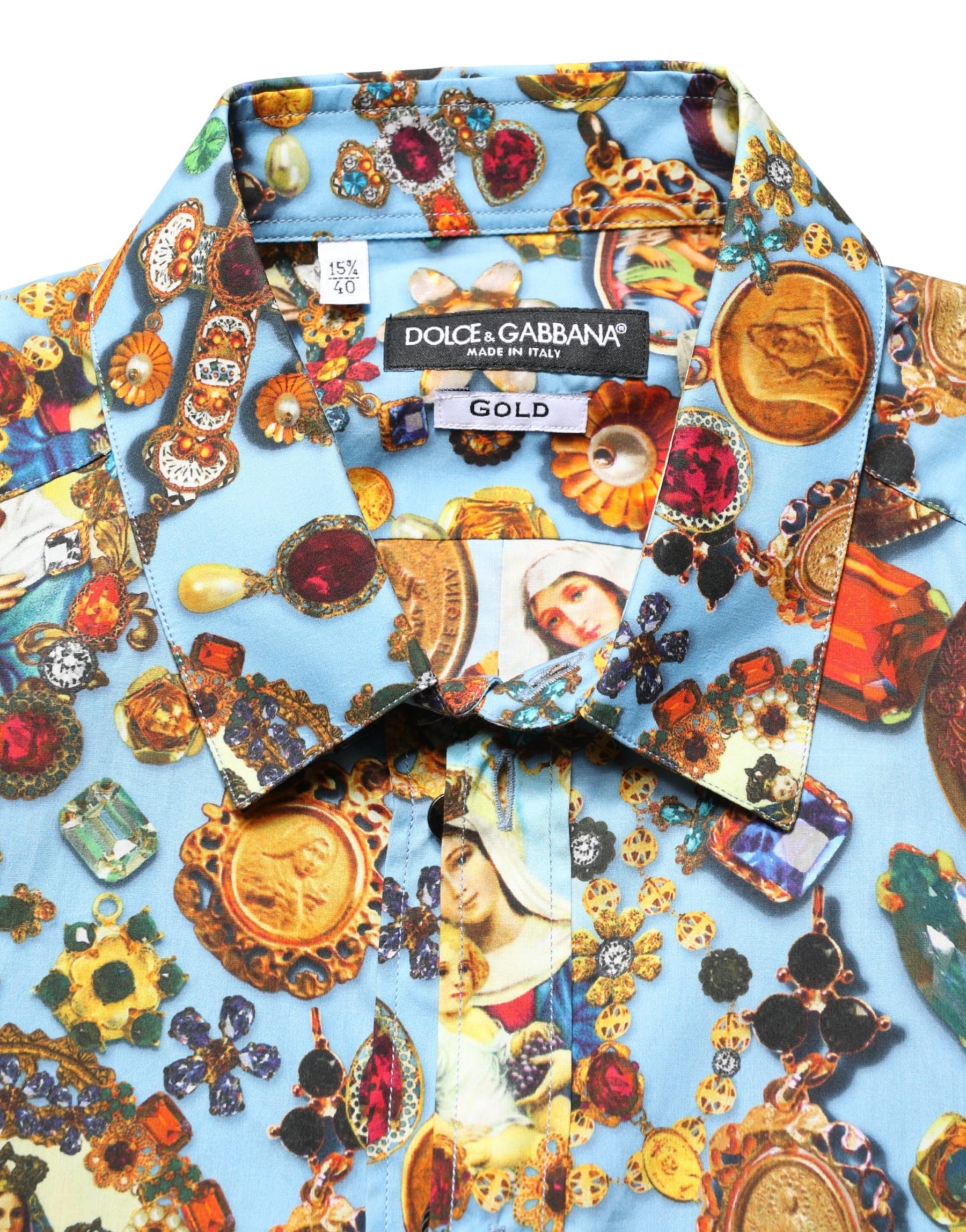 Dolce & Gabbana Blue Cotton Jewel Print Button Down GOLD Shirt | Regal Royce