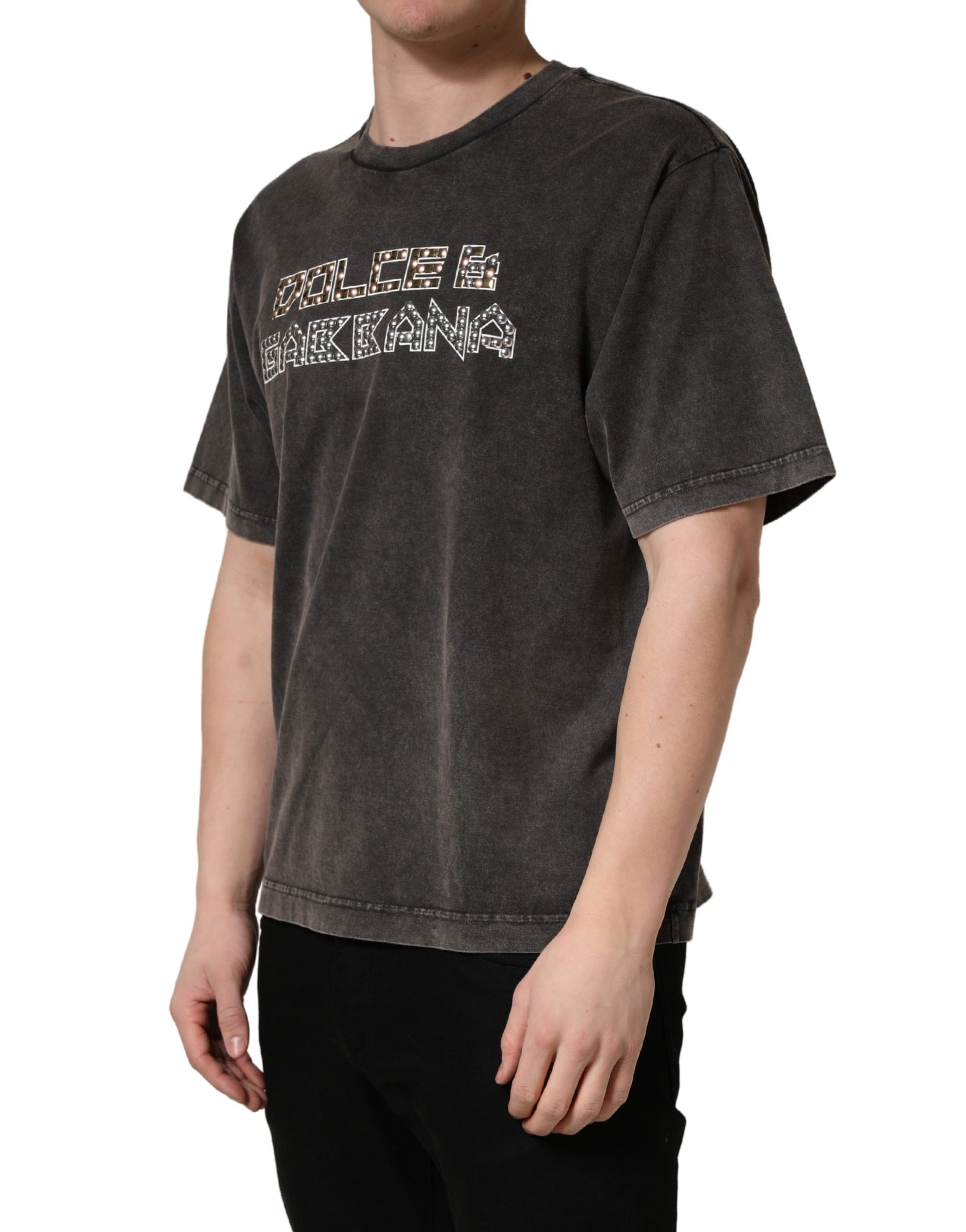 Dolce & Gabbana Gray Logo Embellished Men Crew Neck T-shirt | Regal Royce