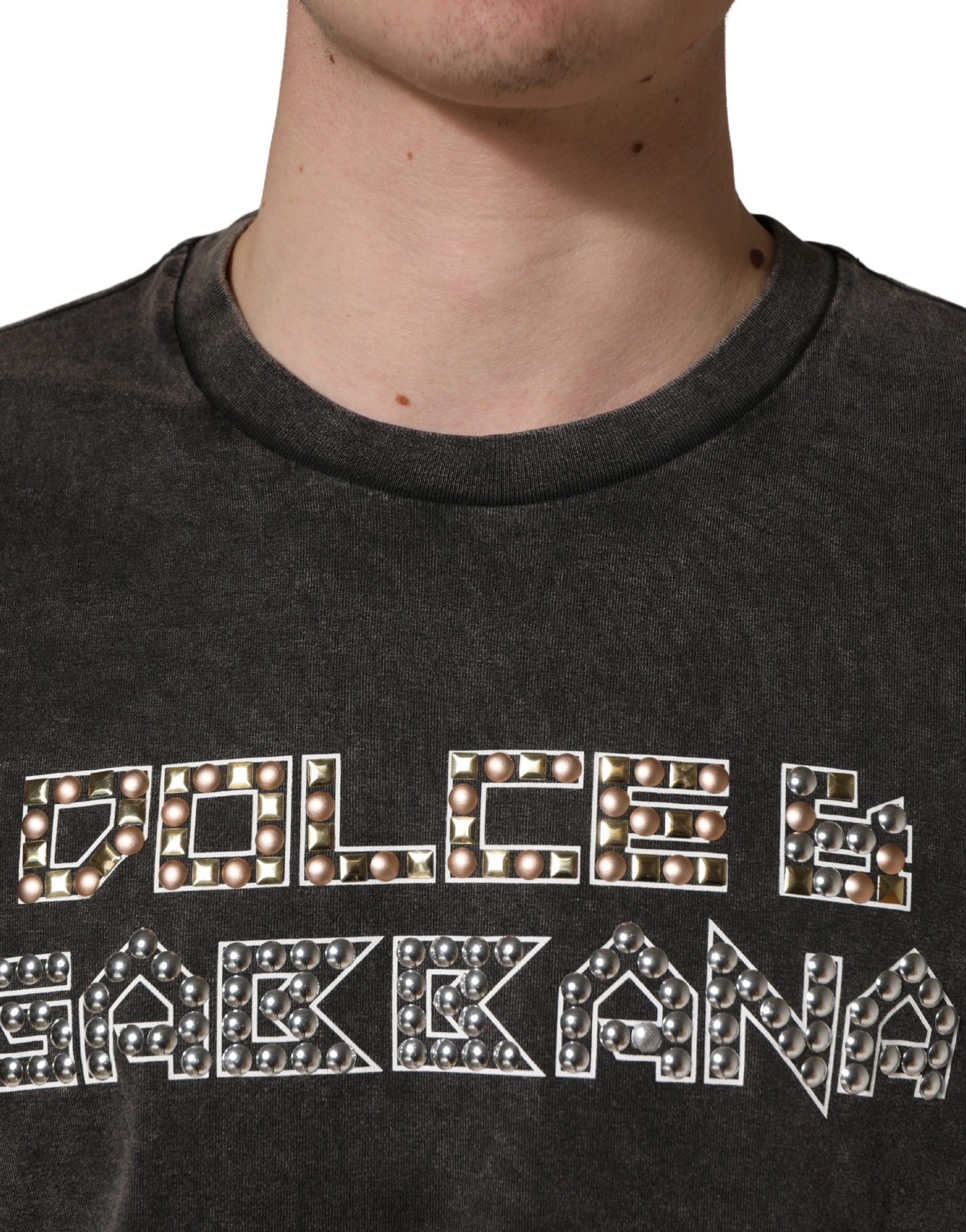 Dolce & Gabbana Gray Logo Embellished Men Crew Neck T-shirt | Regal Royce