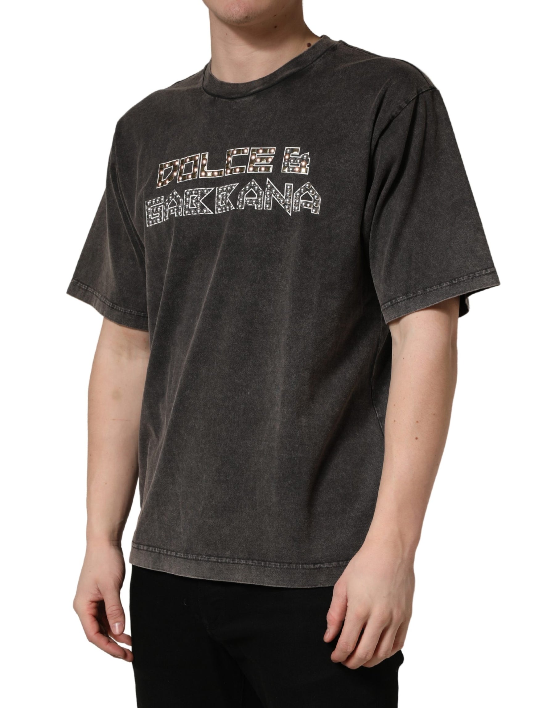 Dolce & Gabbana Gray Logo Embellished Men Crew Neck T-shirt | Regal Royce