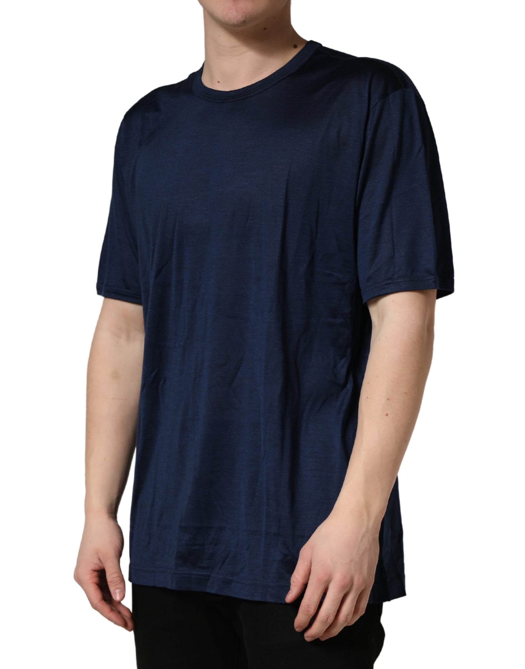 Dolce & Gabbana Dark Blue Silk Short Sleeve CrewNeck T-shirt | Regal Royce