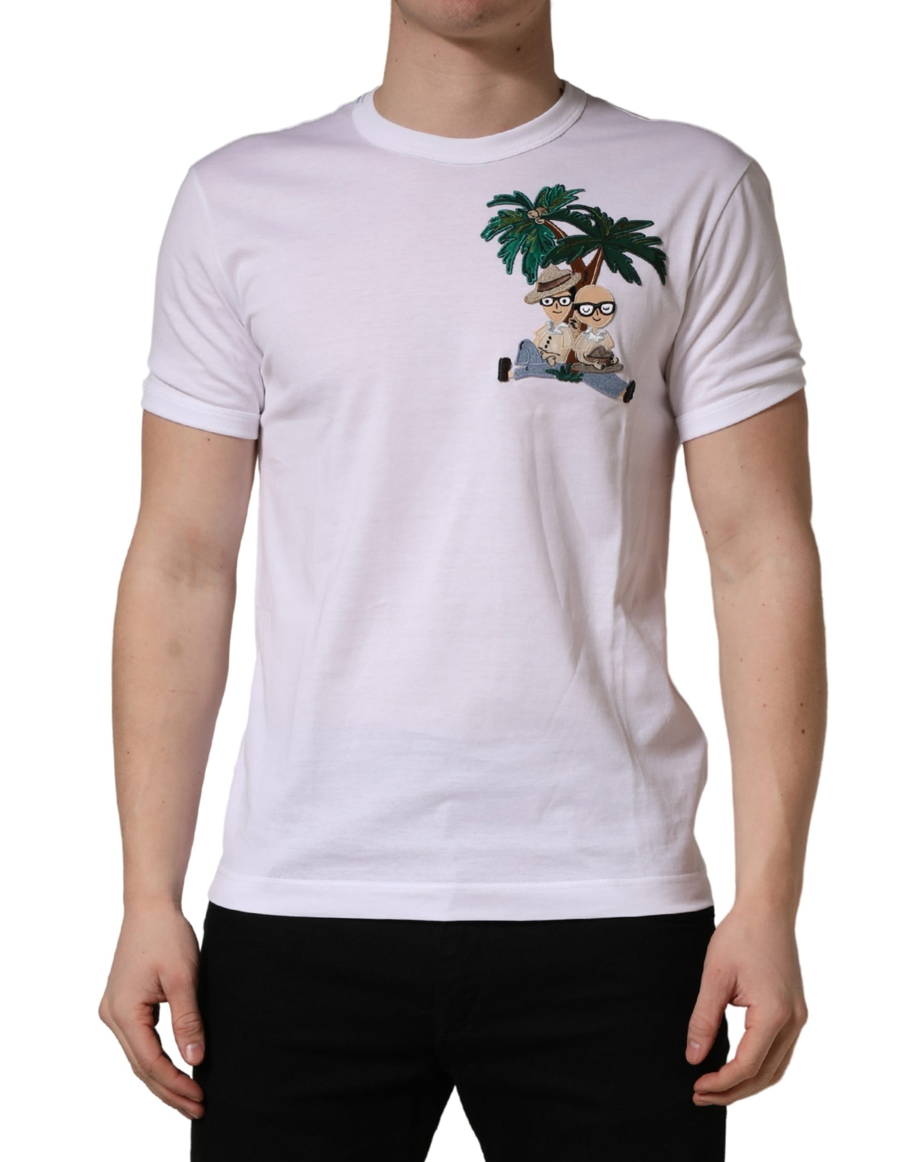 Dolce & Gabbana White Palm Embroidered Men Crew Neck T-shirt | Regal Royce