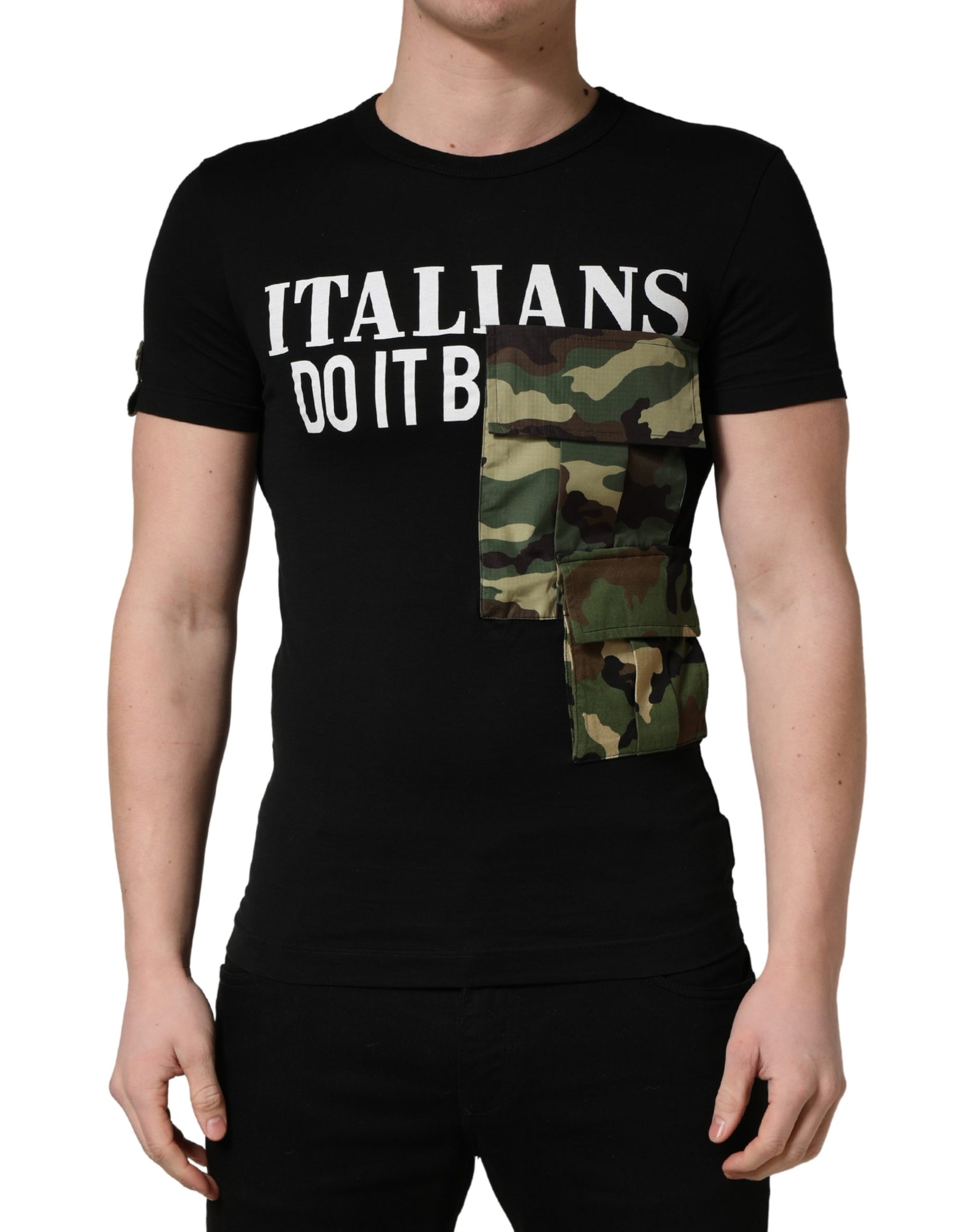 Dolce & Gabbana Black Italians Do It Better Camo Pocket Men T-shirt | Regal Royce