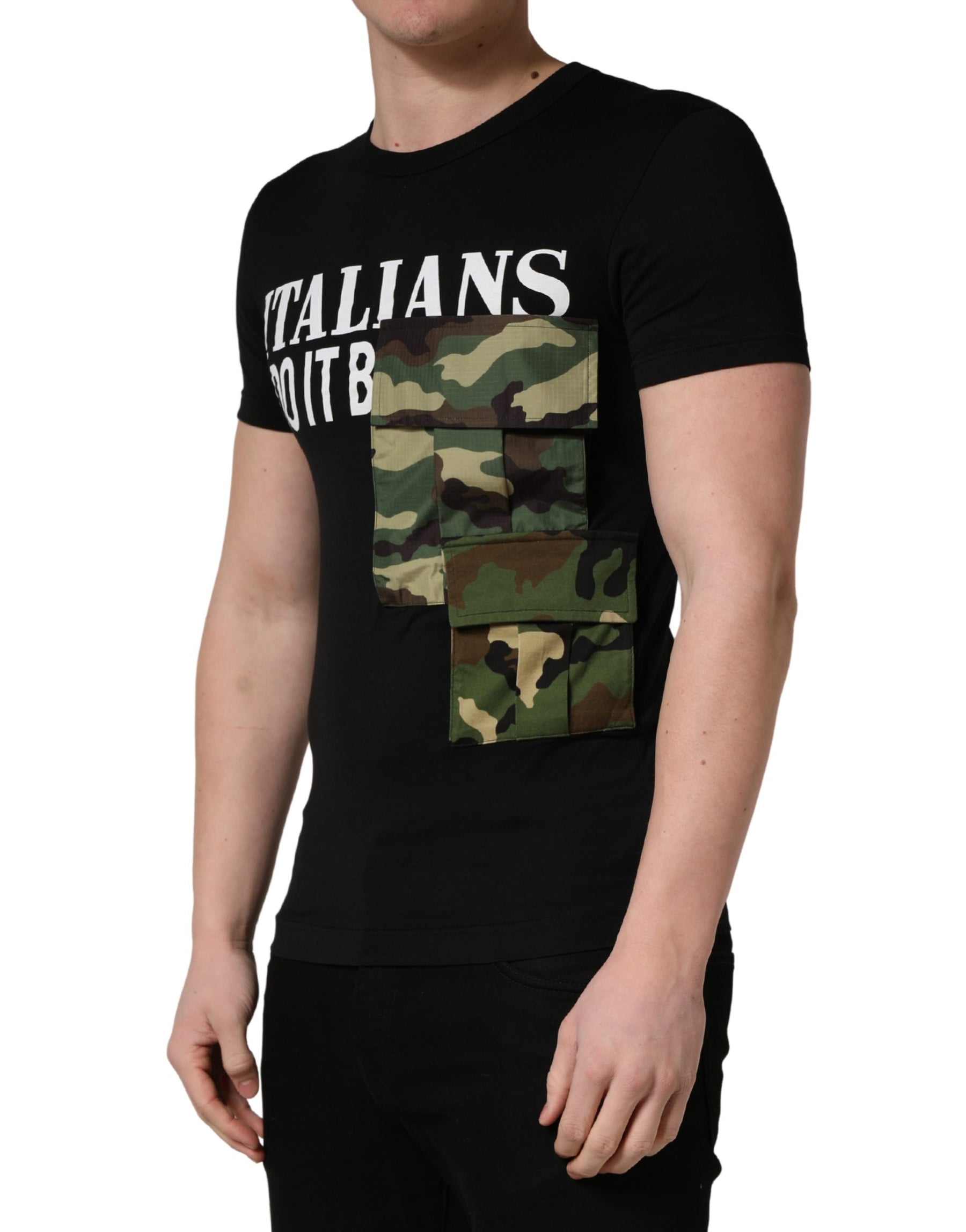 Dolce & Gabbana Black Italians Do It Better Camo Pocket Men T-shirt | Regal Royce