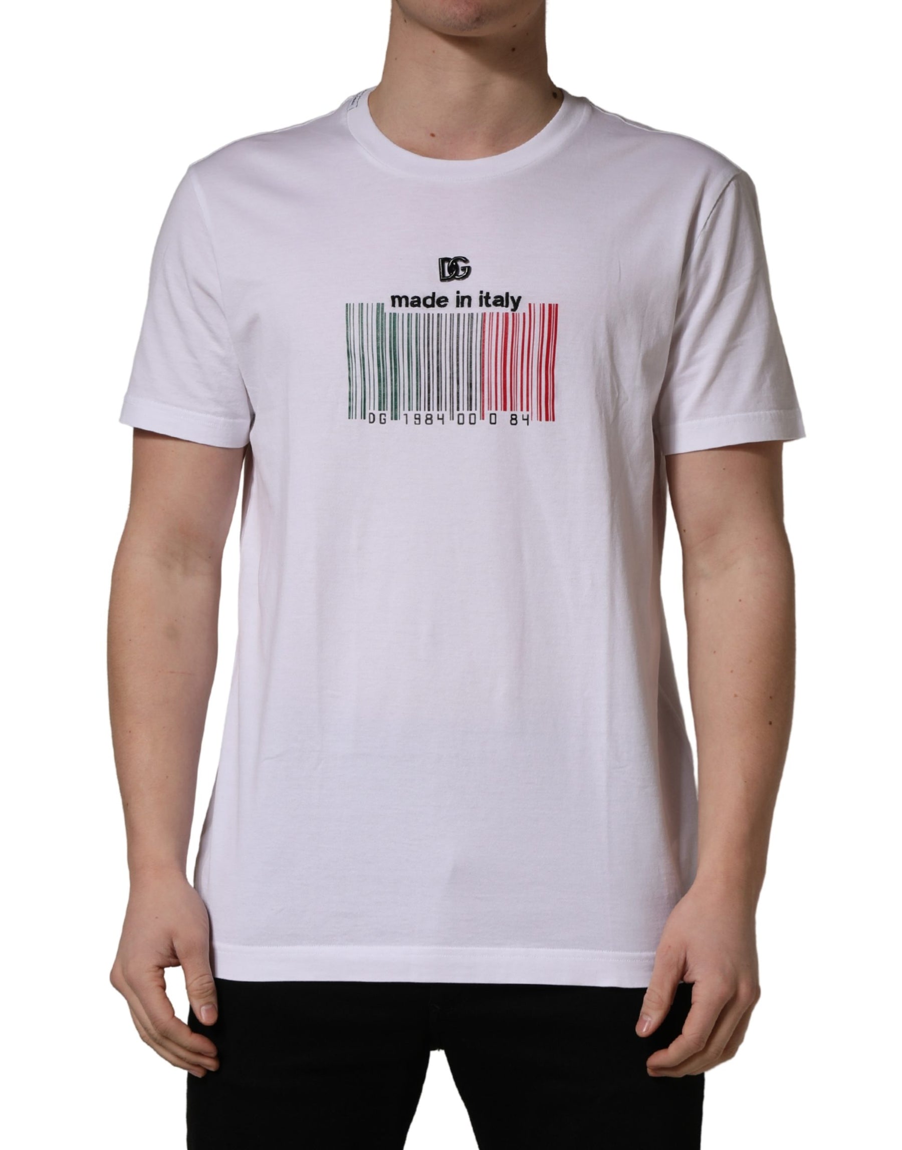 Dolce & Gabbana White Barcode Print Cotton Crew Neck T-shirt | Regal Royce