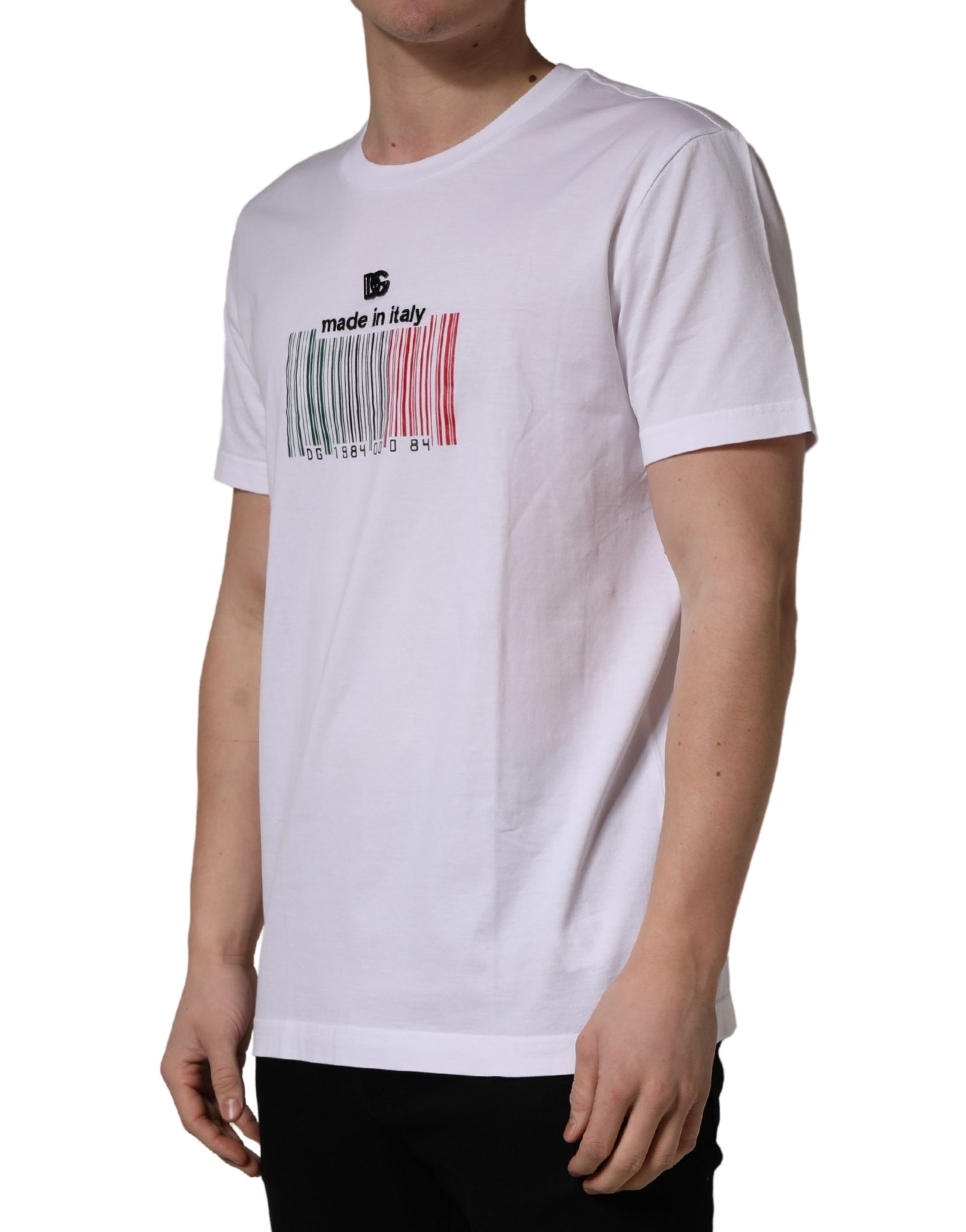 Dolce & Gabbana White Barcode Print Cotton Crew Neck T-shirt | Regal Royce