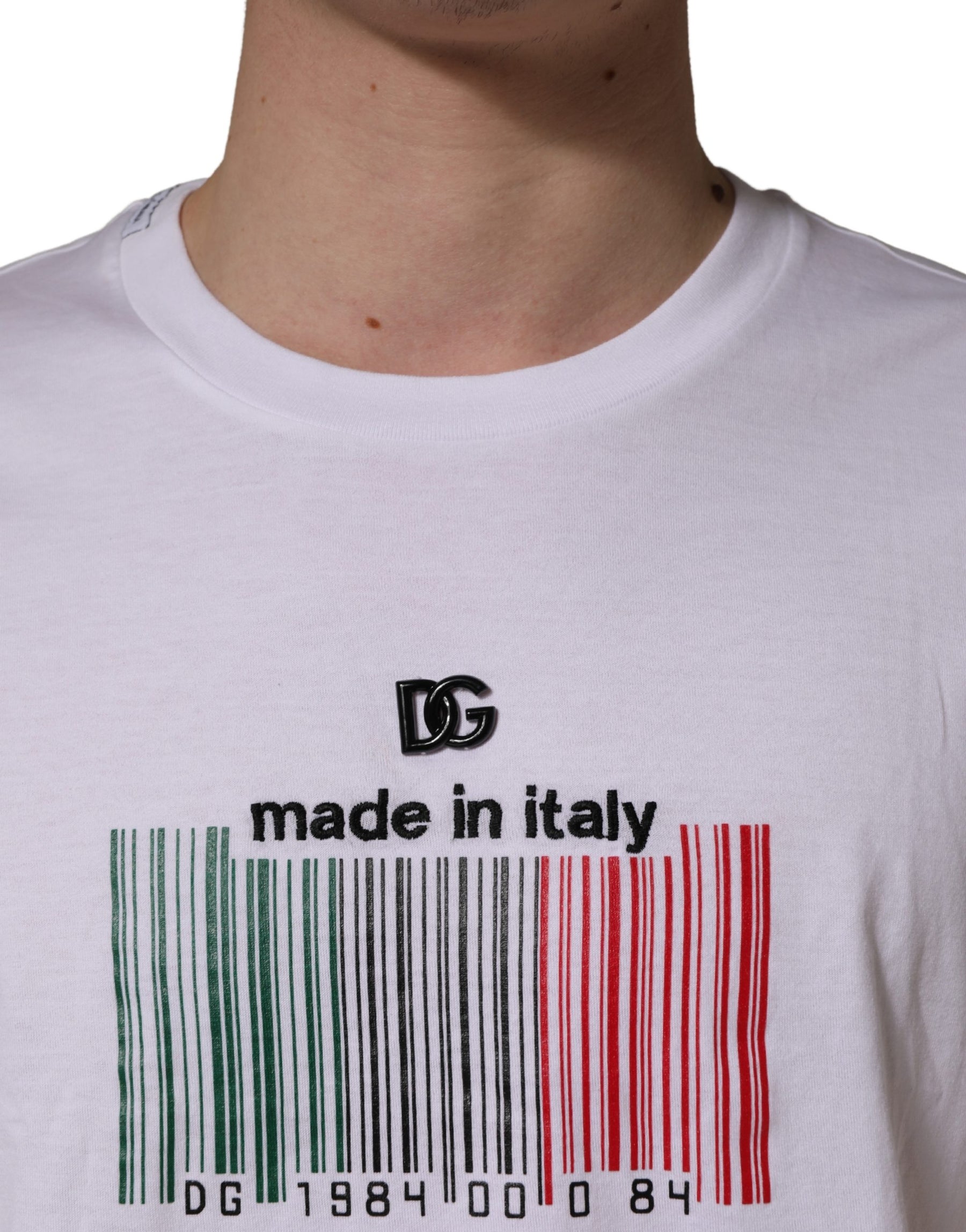 Dolce & Gabbana White Barcode Print Cotton Crew Neck T-shirt | Regal Royce