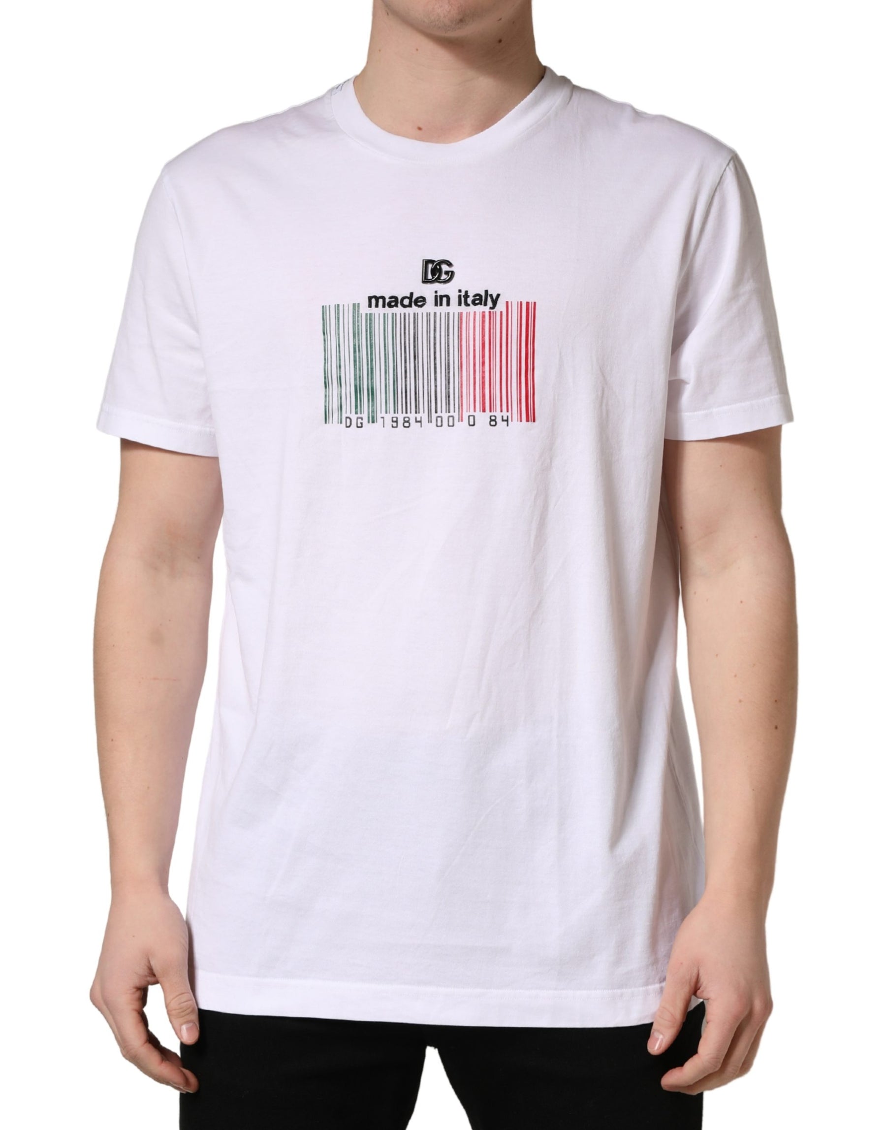 Dolce & Gabbana White Barcode Cotton Crew Neck Men T-shirt | Regal Royce
