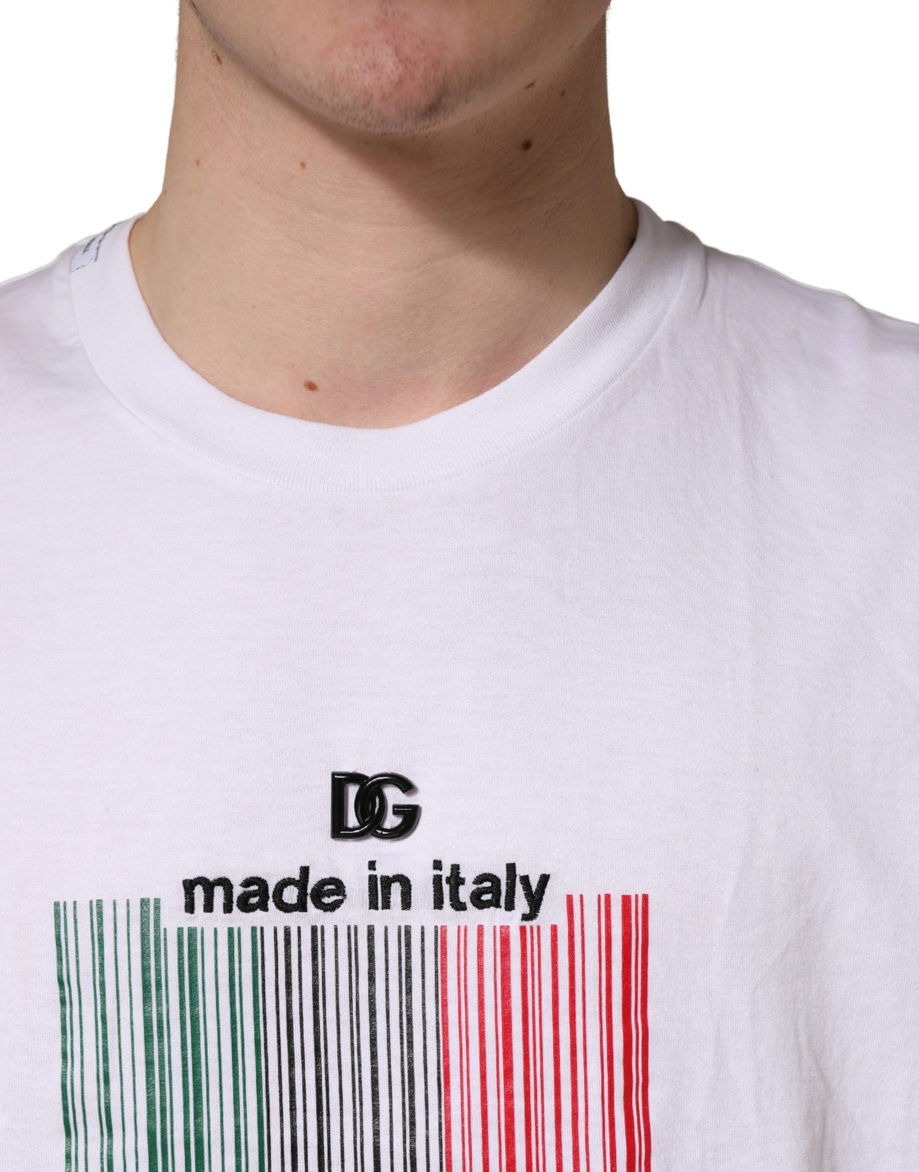 Dolce & Gabbana White Barcode Cotton Crew Neck Men T-shirt | Regal Royce