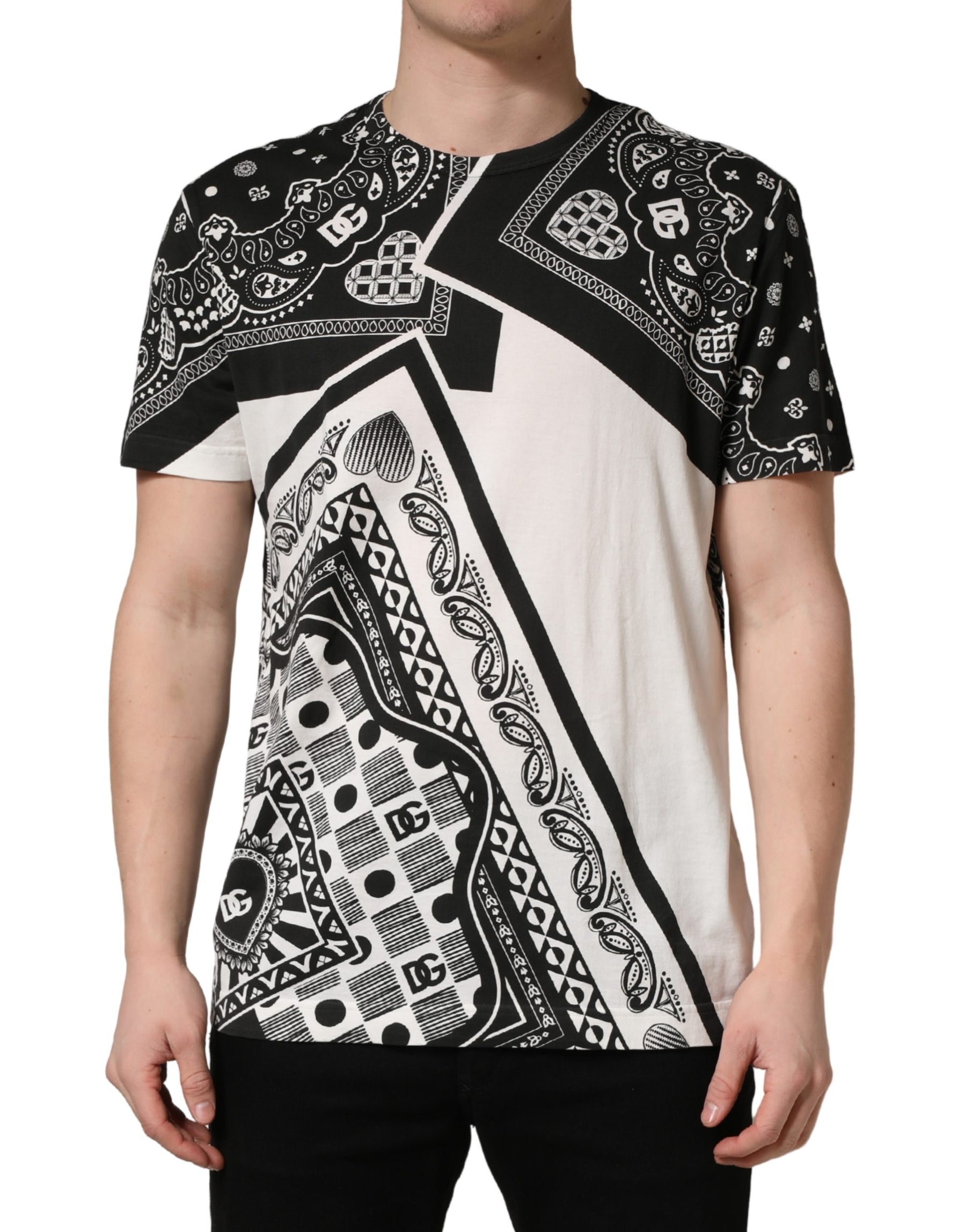 Dolce & Gabbana Black White Bandana Cotton Crew Neck  T-shirt | Regal Royce