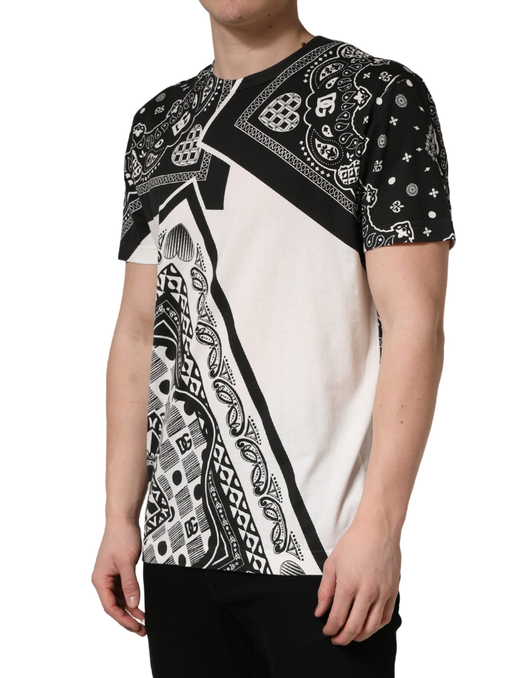 Dolce & Gabbana Black White Bandana Cotton Crew Neck  T-shirt | Regal Royce