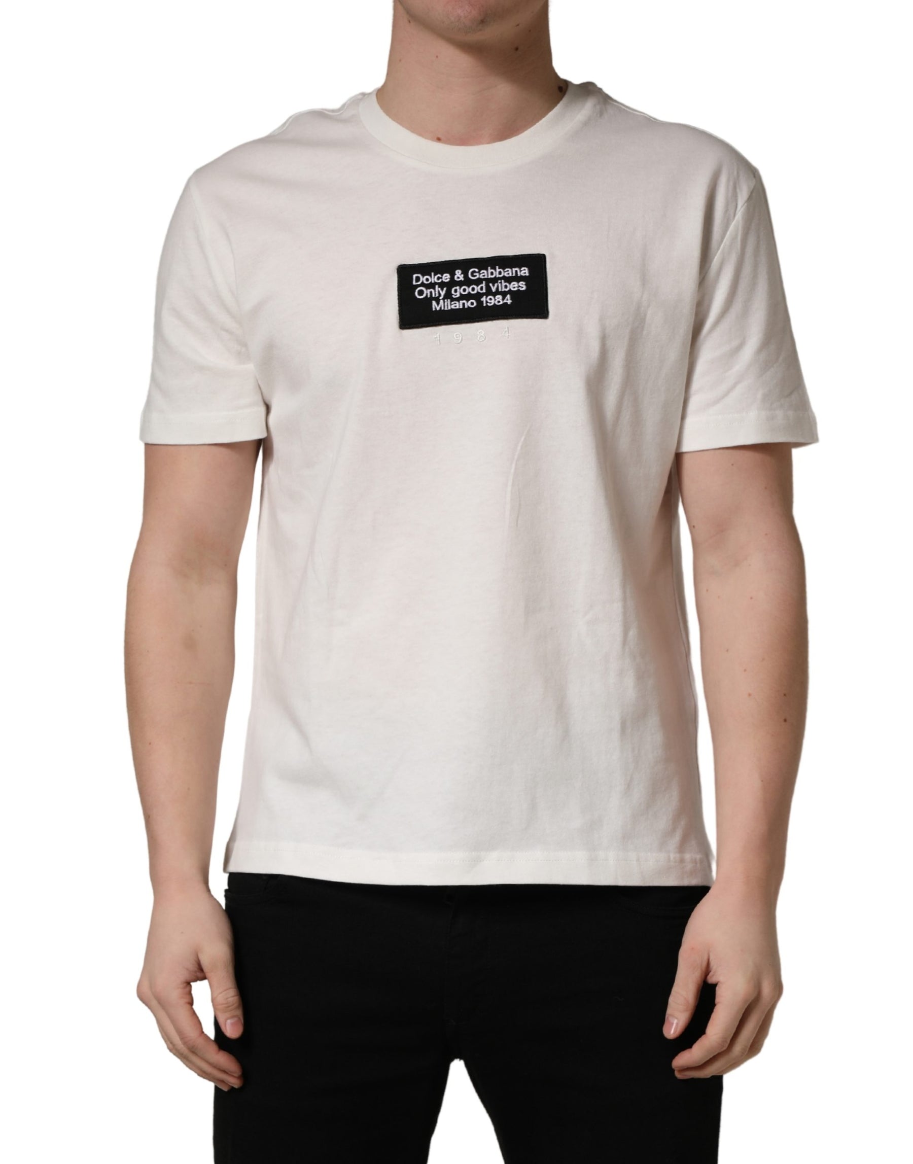 Dolce & Gabbana White Logo Patch Cotton Men Crew Neck  T-shirt | Regal Royce