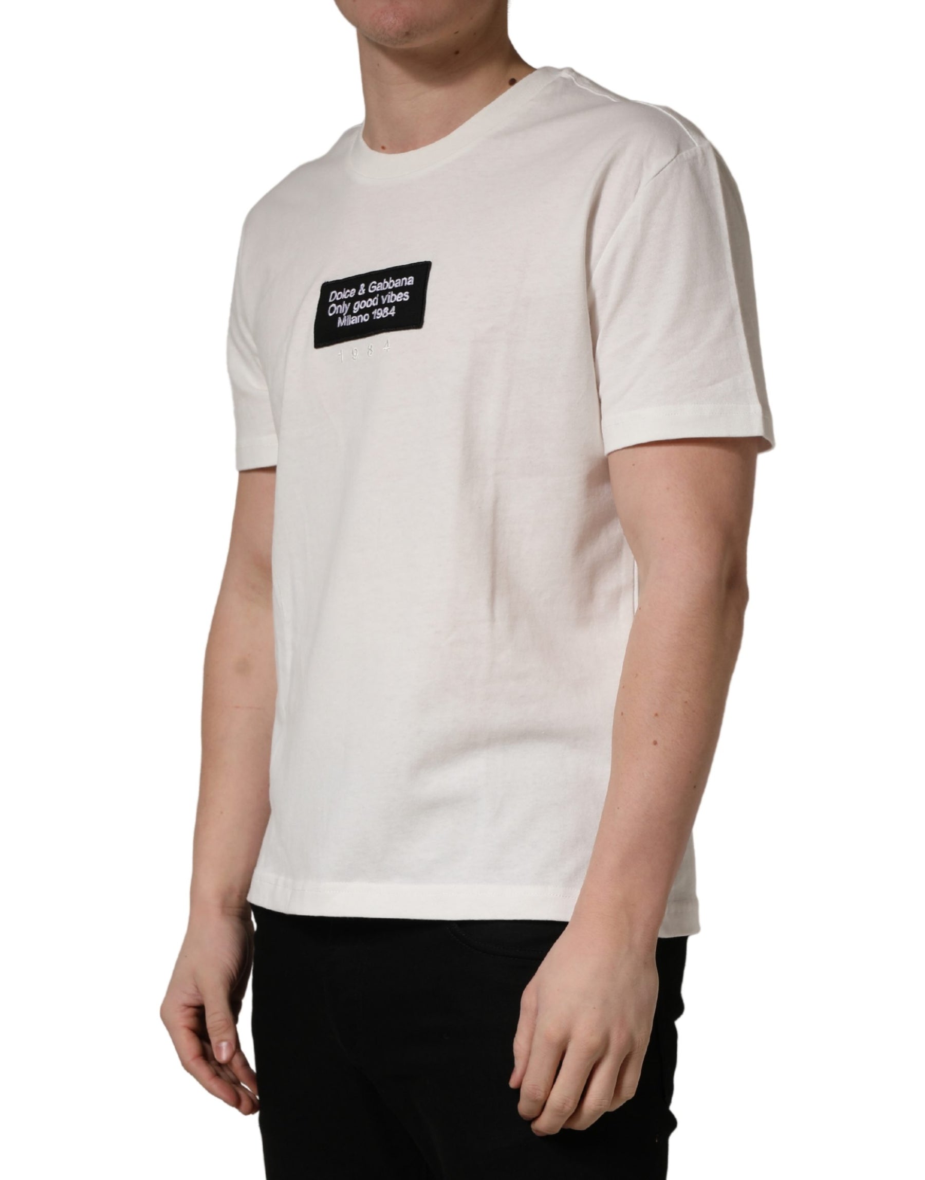 Dolce & Gabbana White Logo Patch Cotton Men Crew Neck  T-shirt | Regal Royce