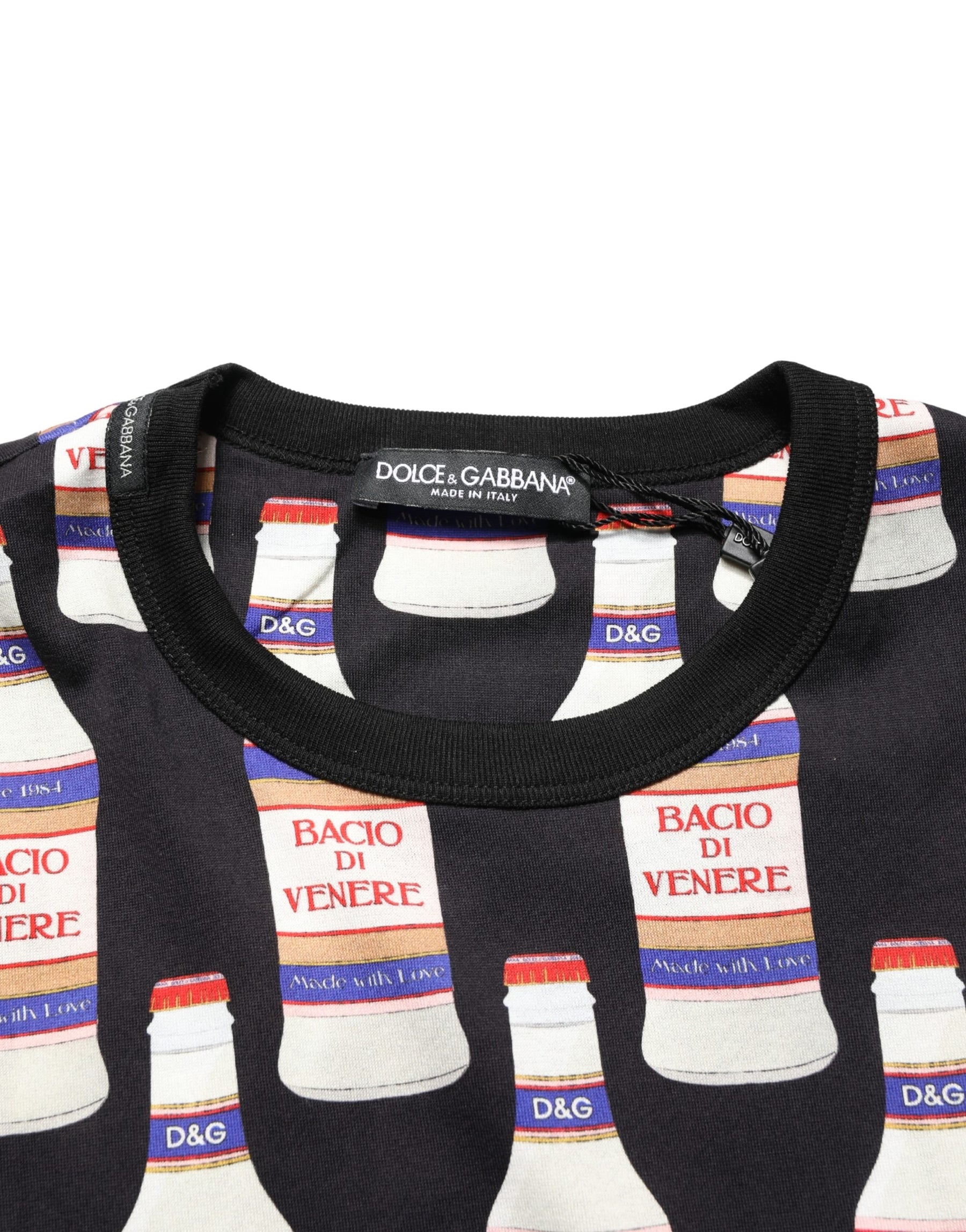 Dolce & Gabbana Black Bottle Print Cotton Crew Neck  T-shirt | Regal Royce
