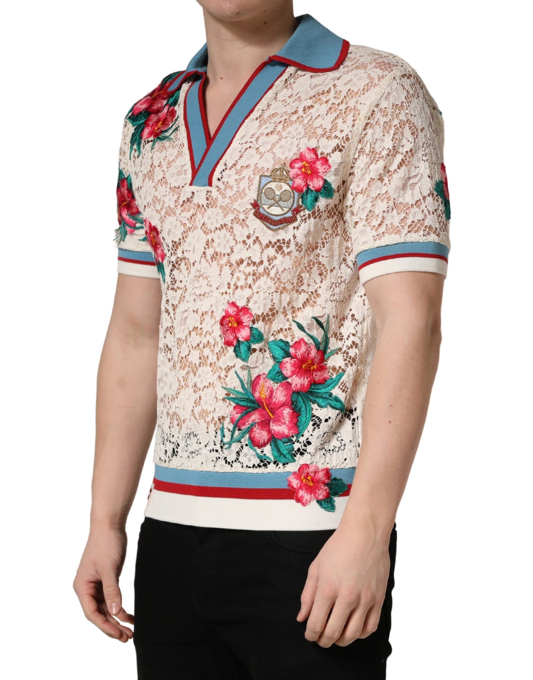 Dolce & Gabbana Beige Floral Tennis Club Lace Polo T-shirt | Regal Royce