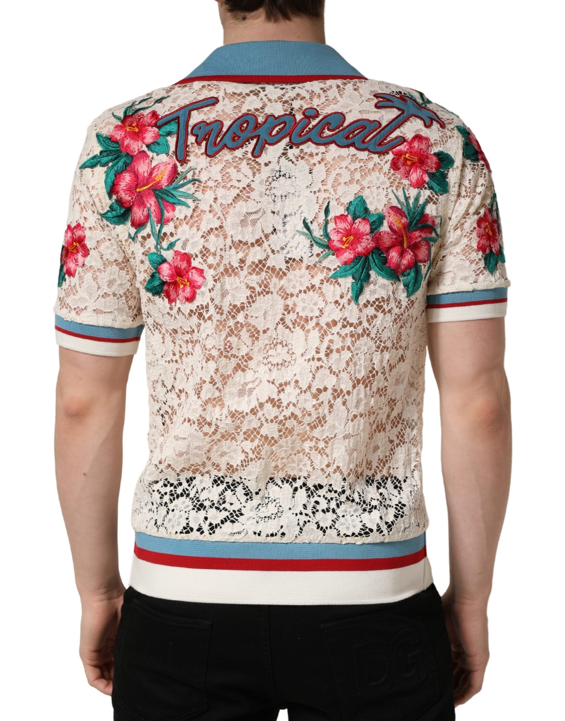 Dolce & Gabbana Beige Floral Tennis Club Lace Polo T-shirt | Regal Royce