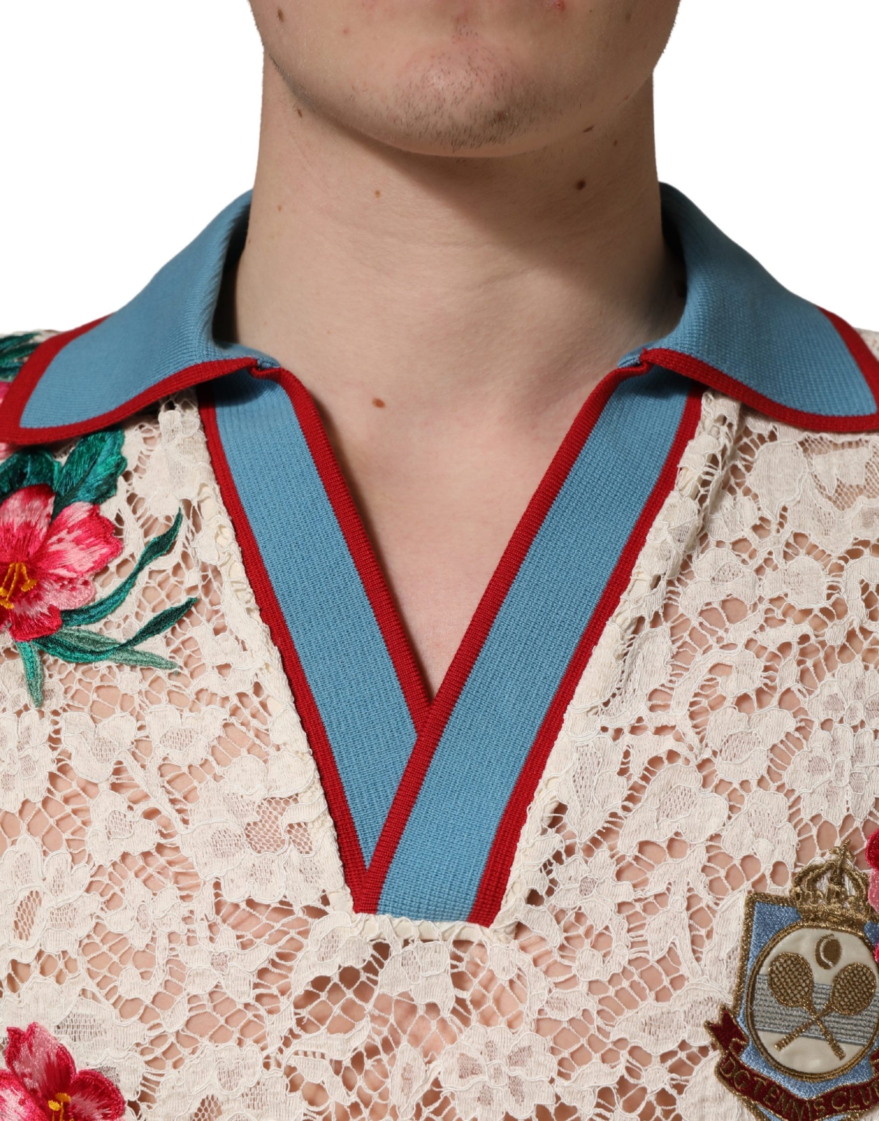 Dolce & Gabbana Beige Floral Tennis Club Lace Polo T-shirt | Regal Royce