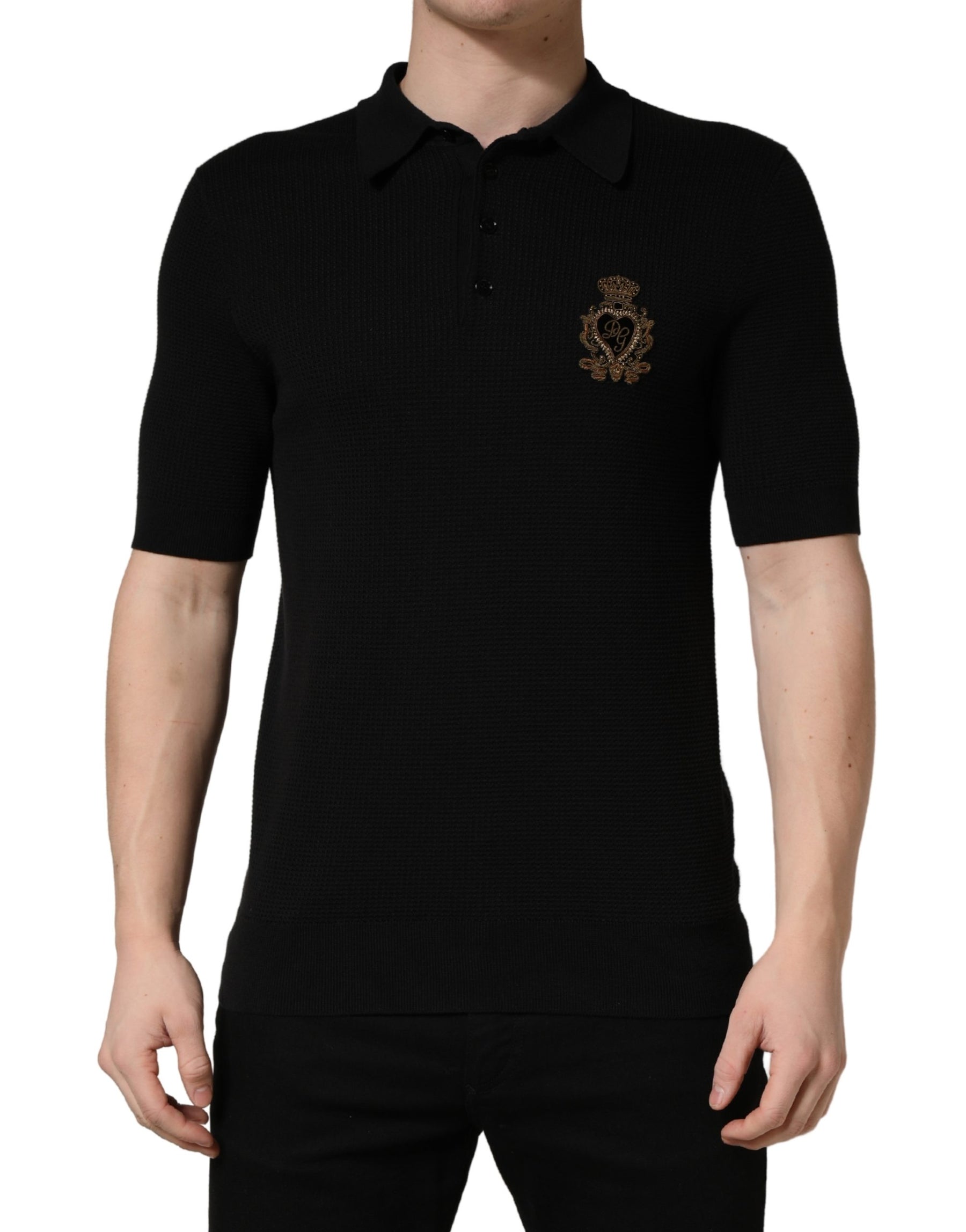 Dolce & Gabbana Black Heraldic Crest Patch Silk Polo T-shirt | Regal Royce